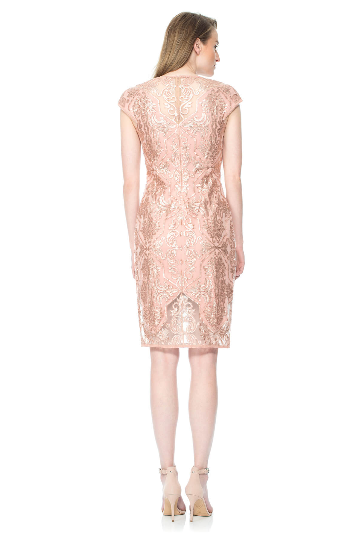 Pink Shadow Sequin Embroidered Tulle Cap Sleeve Dress