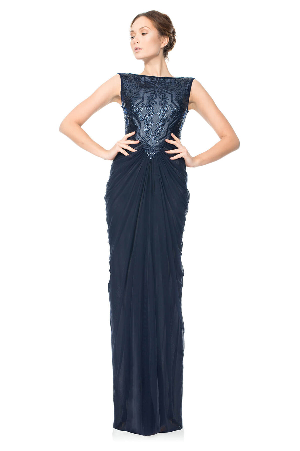 Paillette Embroidered Draped Tulle Gown
