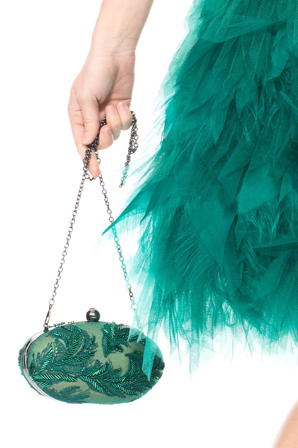 Beaded Feather-Motif Oval Clutch