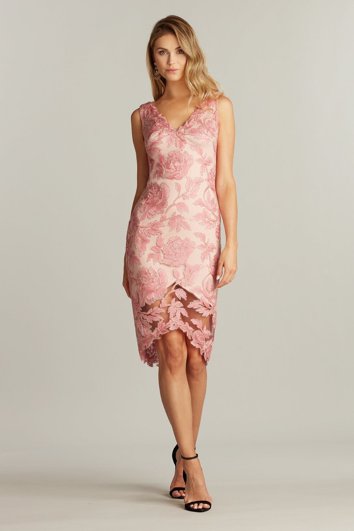Corded Embroidery on Tulle V-Neck Sheath Dress