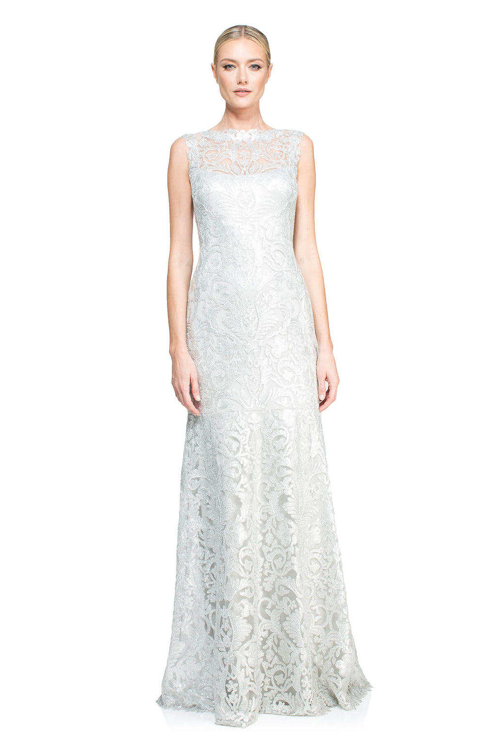 Tadashi Shoji - Corded Embroidery on Tulle Boatneck Gown