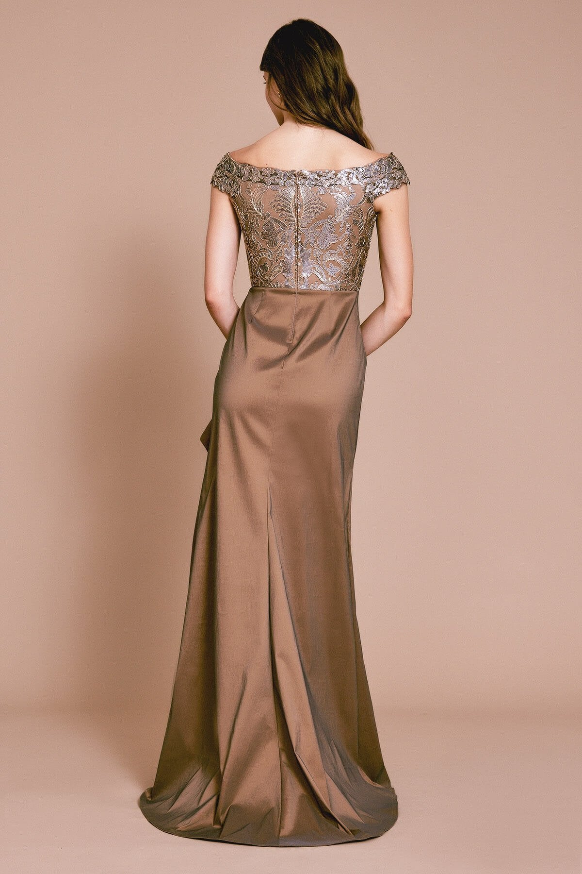 Mah Off-Shoulder Spiral Flounce Gown