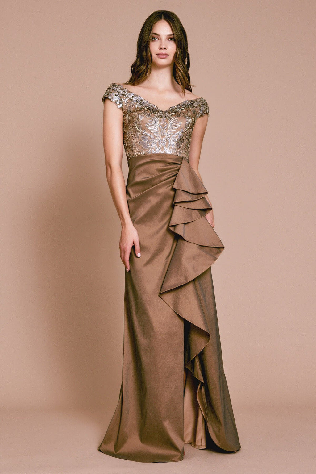 Mah Off-Shoulder Spiral Flounce Gown