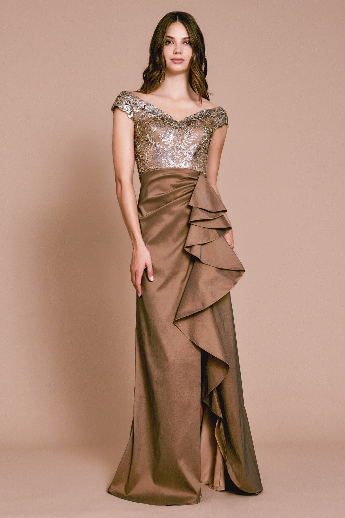 Mah Off-Shoulder Spiral Flounce Gown
