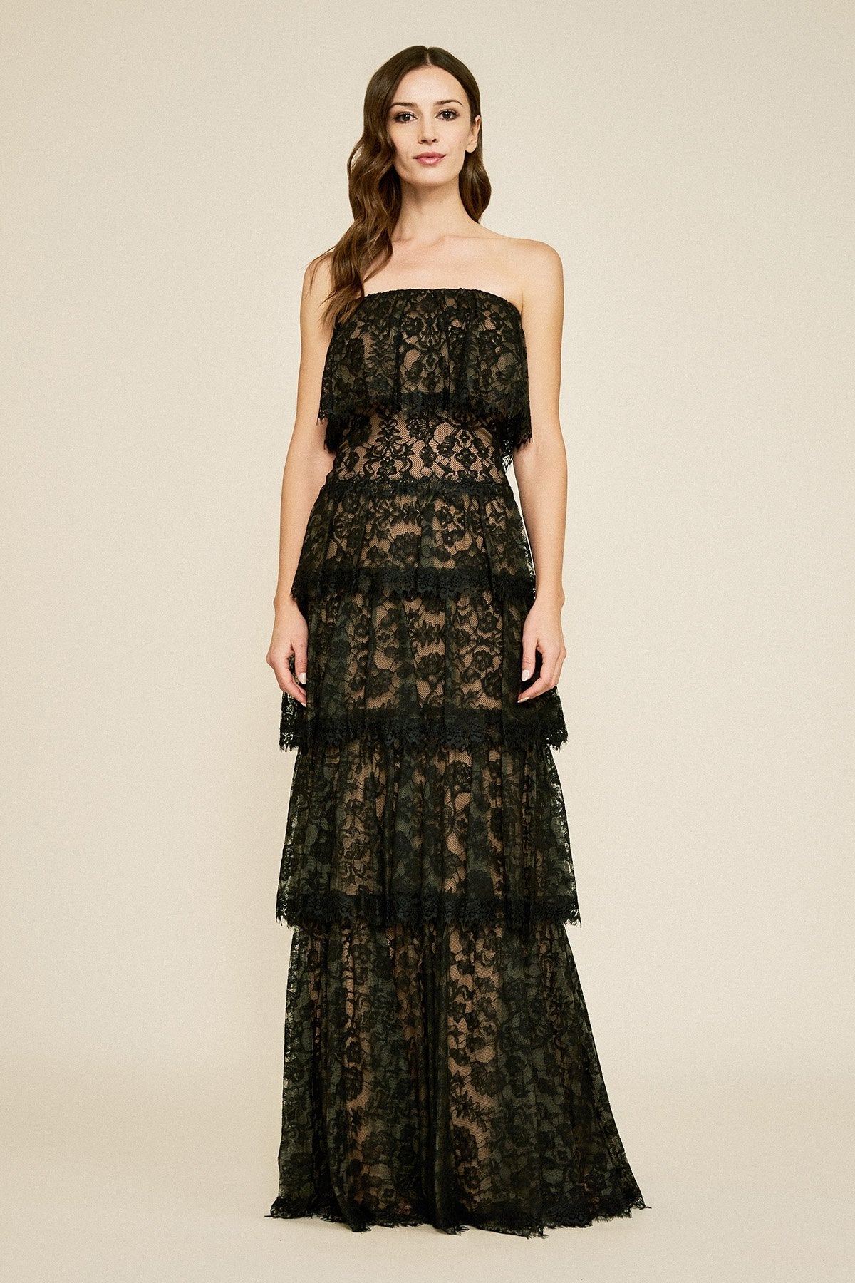 Tadashi Shoji - Moe Strapless Tiered Lace Gown