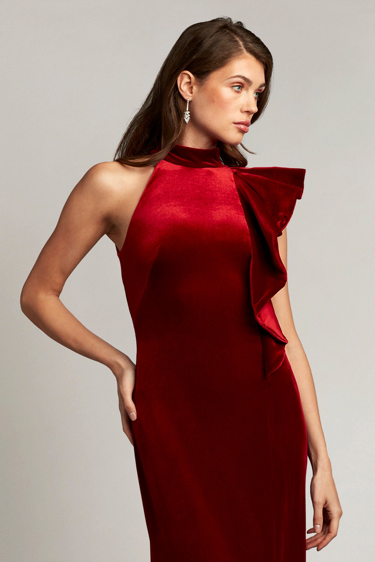 Altman Velvet Flounce Halter Gown