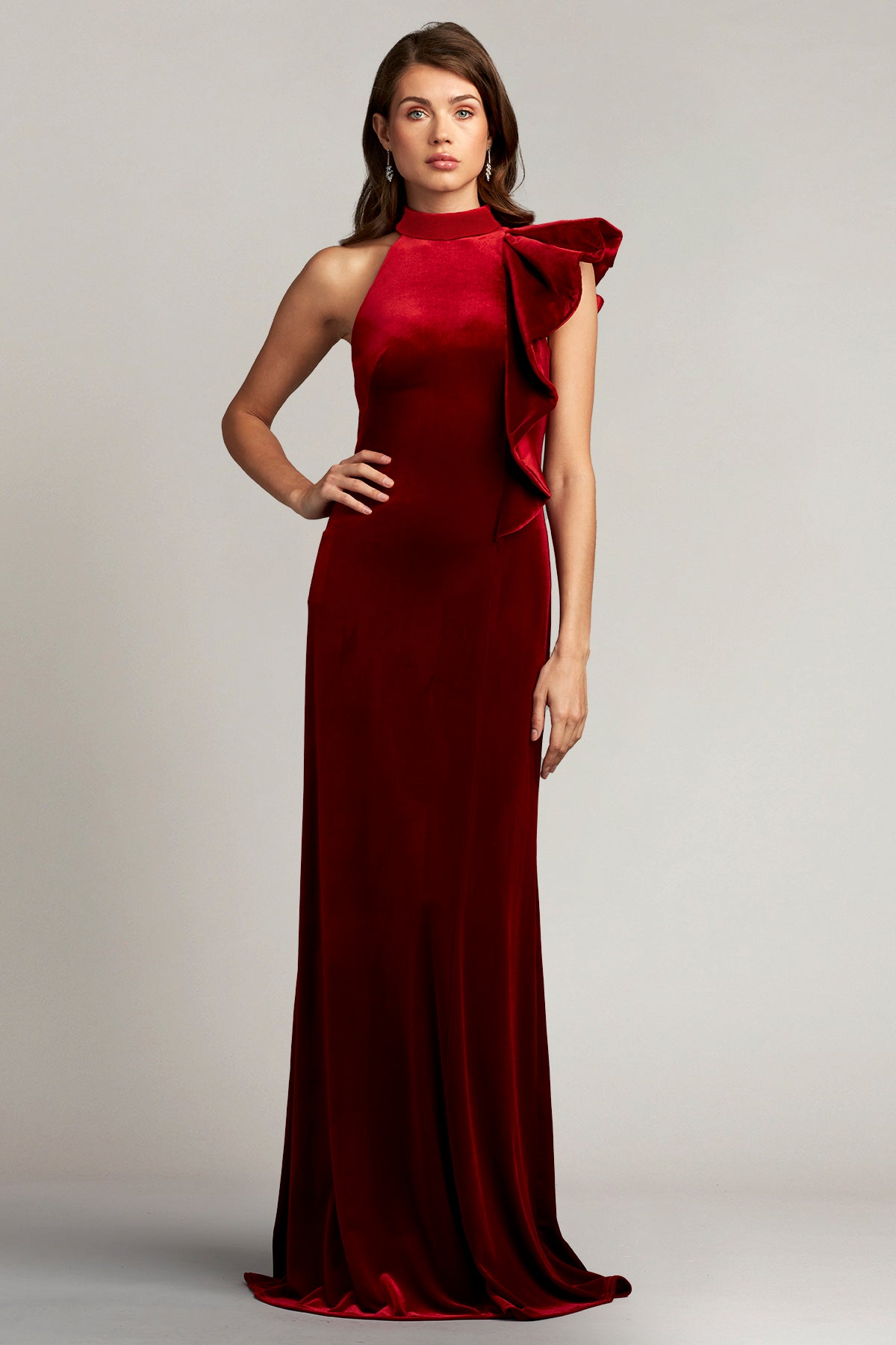 Altman Velvet Flounce Halter Gown