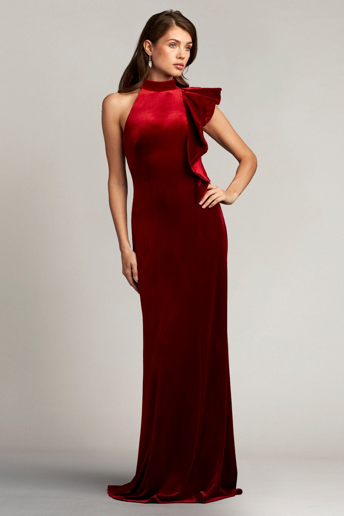 Altman Velvet Flounce Halter Gown