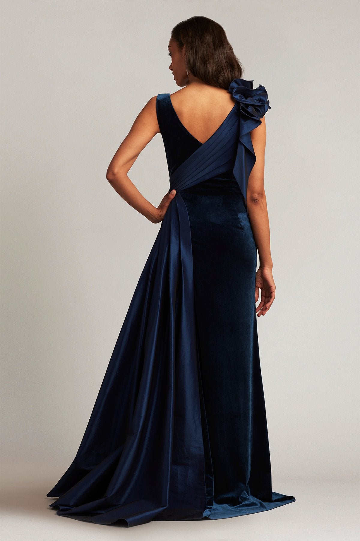 Barlowe Ruffled Shoulder Draped Gown