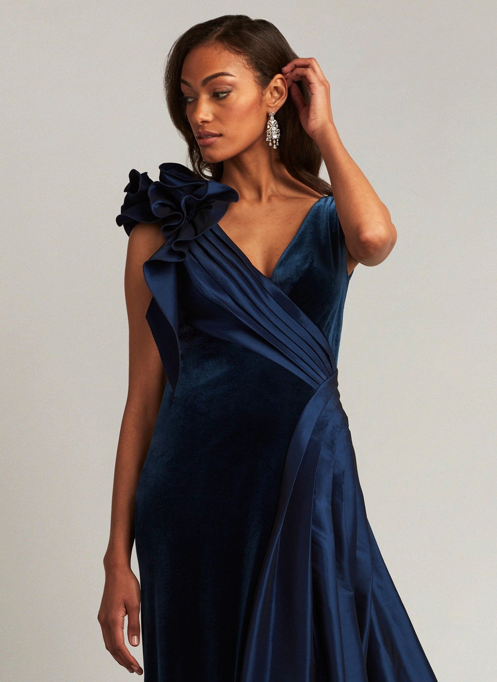 Barlowe Ruffled Shoulder Draped Gown