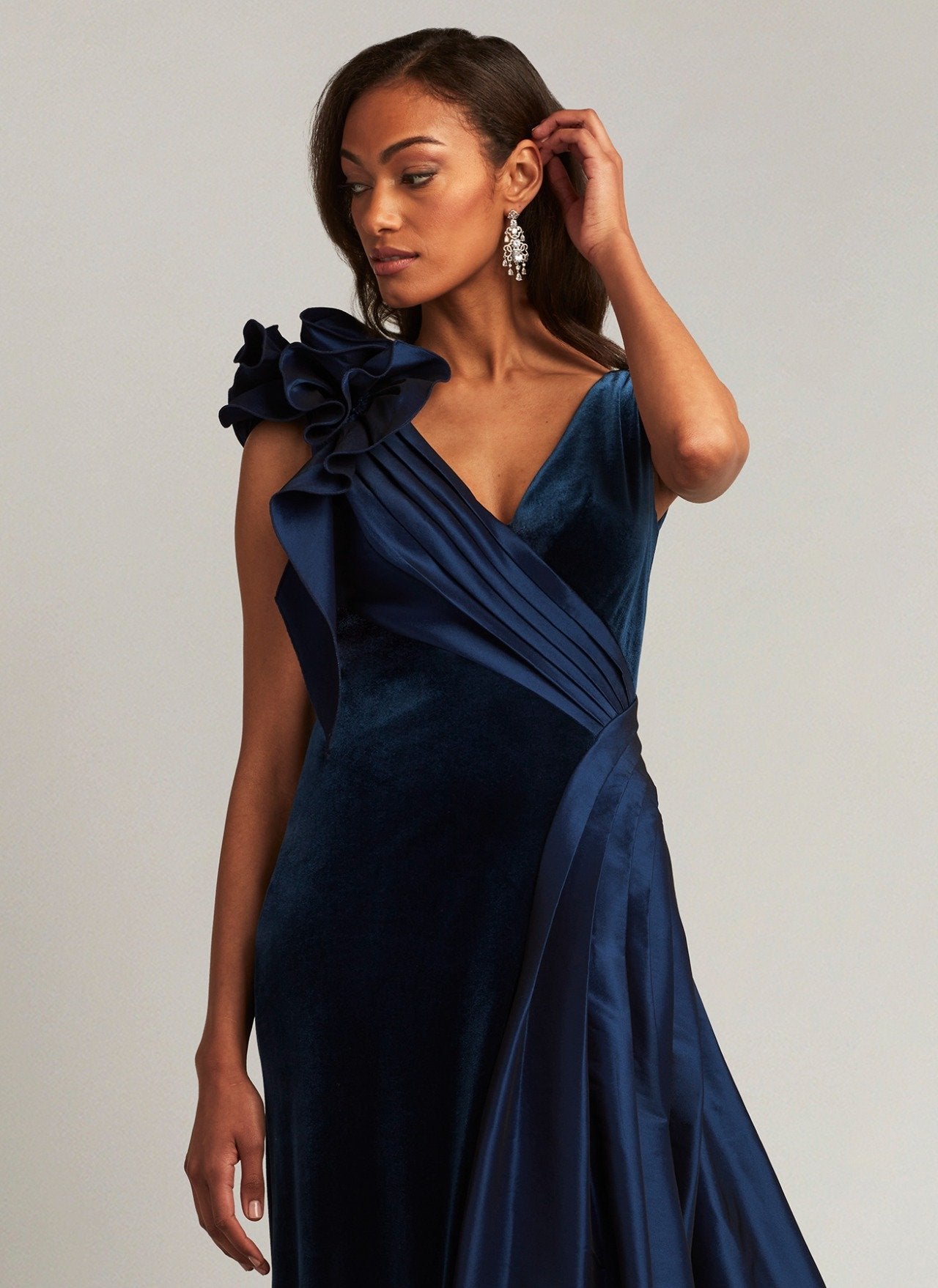 Barlowe Ruffled Shoulder Draped Gown