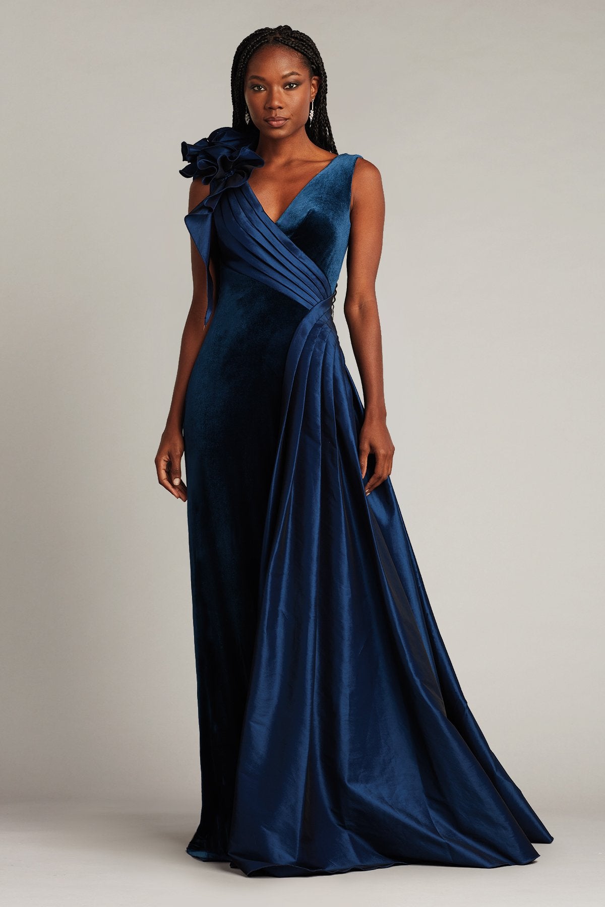 Barlowe Ruffled Shoulder Draped Gown