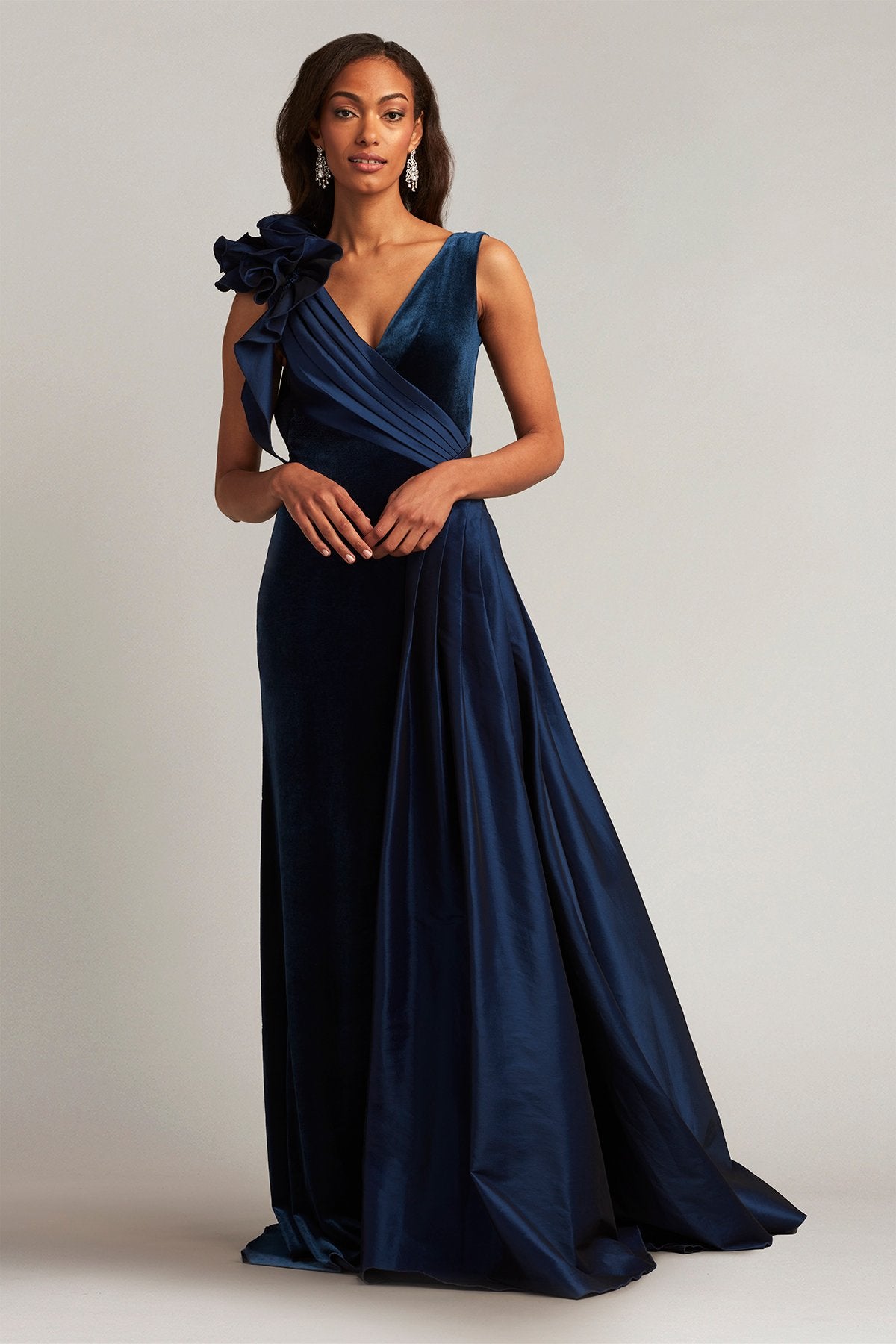 Barlowe Ruffled Shoulder Draped Gown