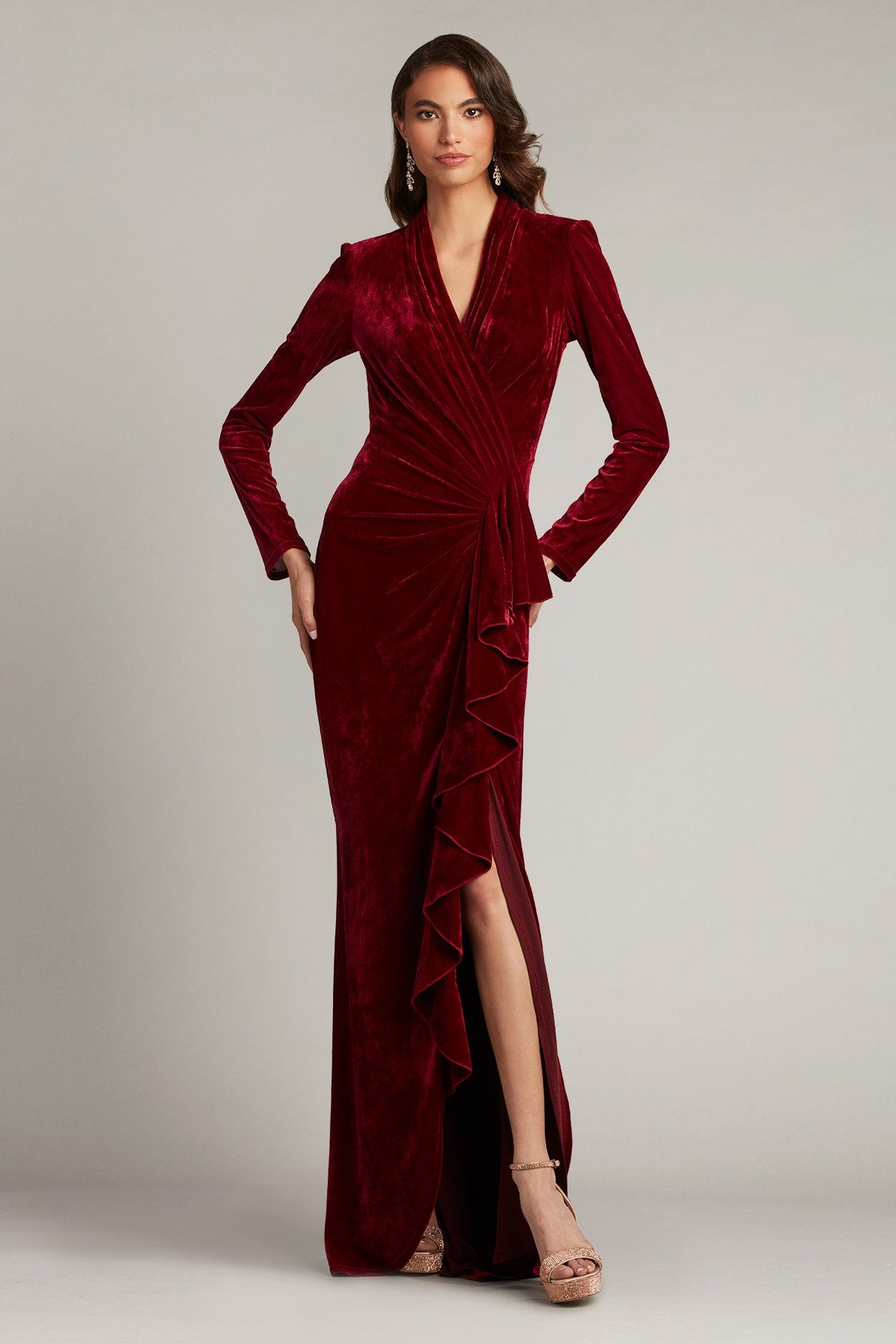 Markum Long-Sleeve Velvet Flounce Gown