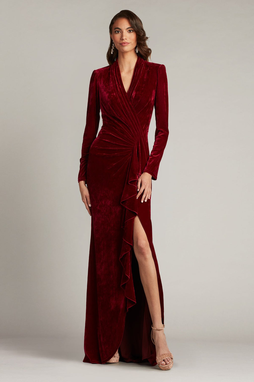 Markum Long-Sleeve Velvet Flounce Gown