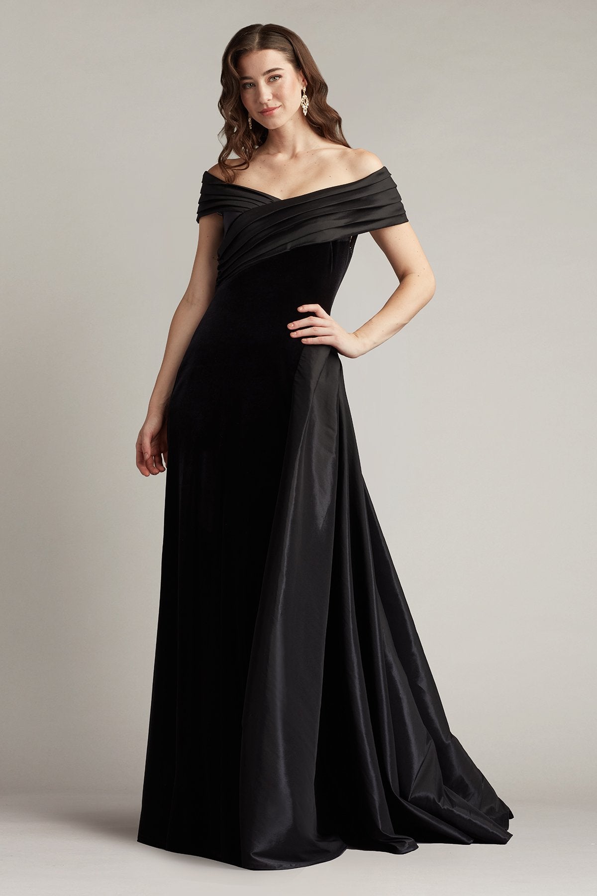 Elysian Velvet Draped Overlay Train Gown – Tadashi Shoji Official Online Boutique
