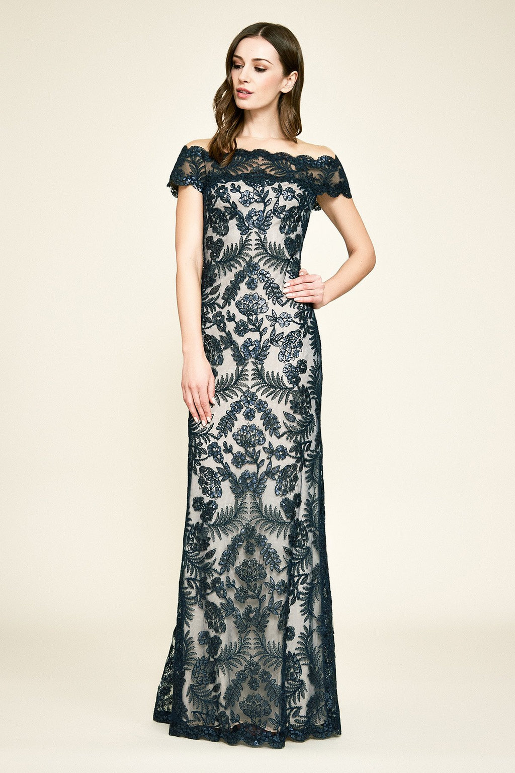 Emma Off-The-Shoulder Sequin Embroidered Gown