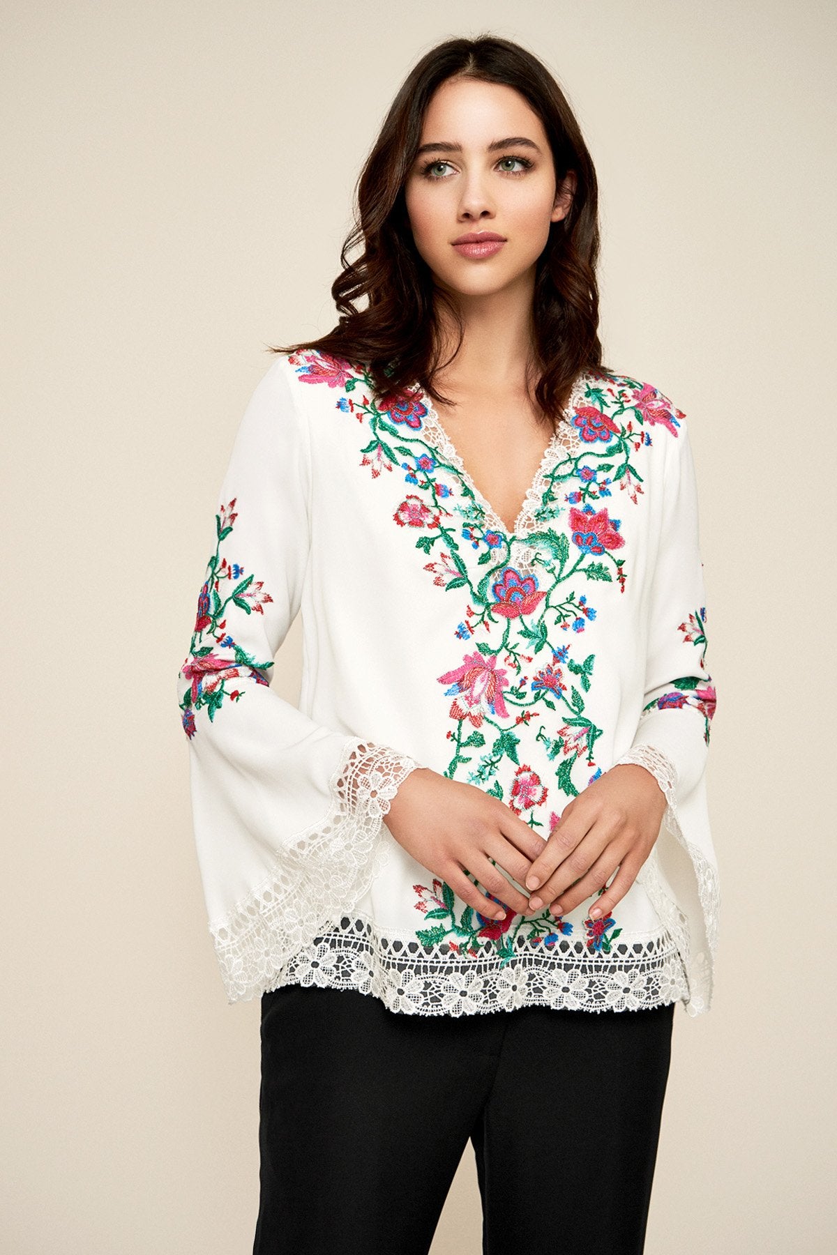 Tadashi Shoji - Koa Floral Embroidered Crepe Blouse