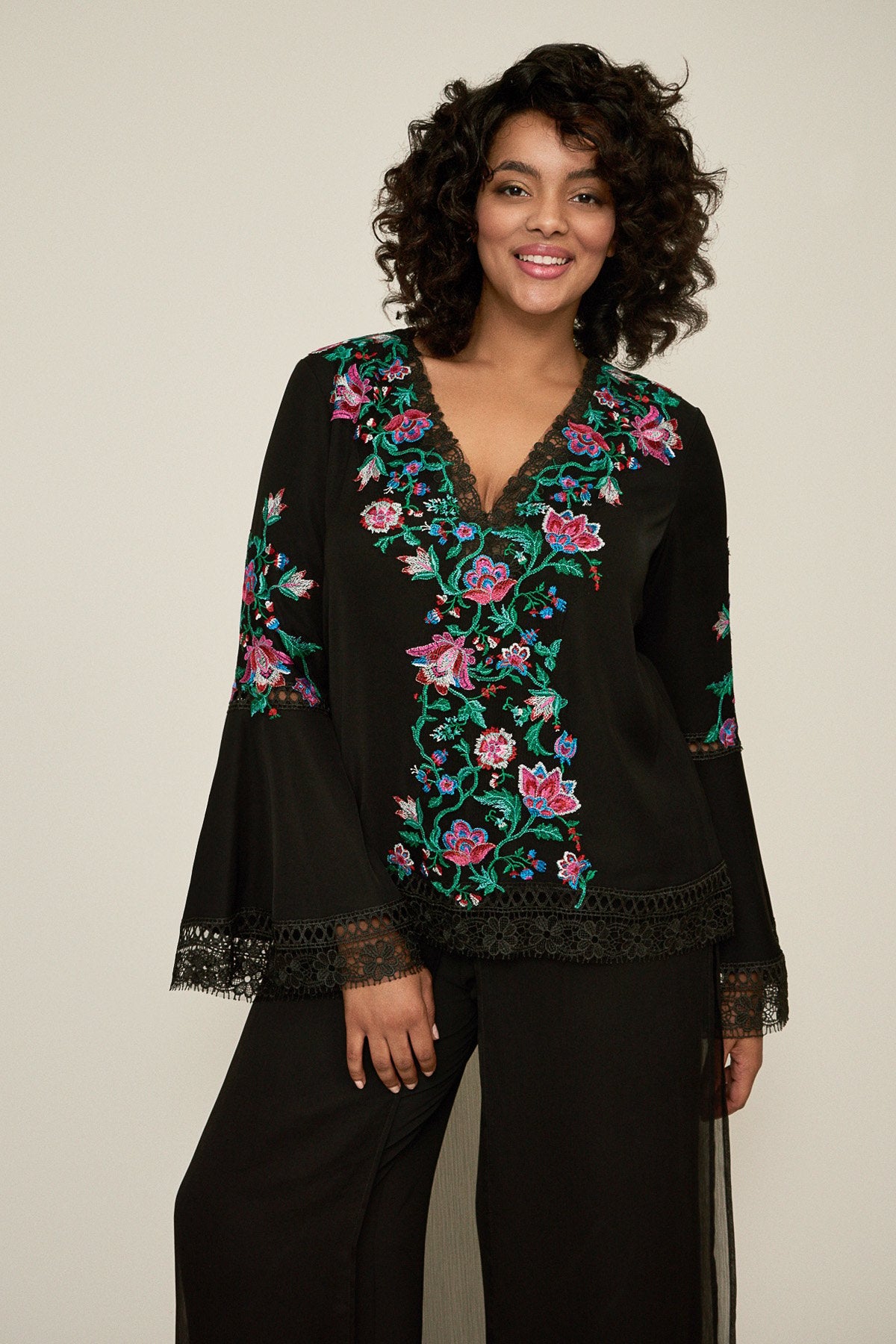 Tadashi Shoji - Koa Floral Embroidered Crepe Blouse - PLUS SIZE