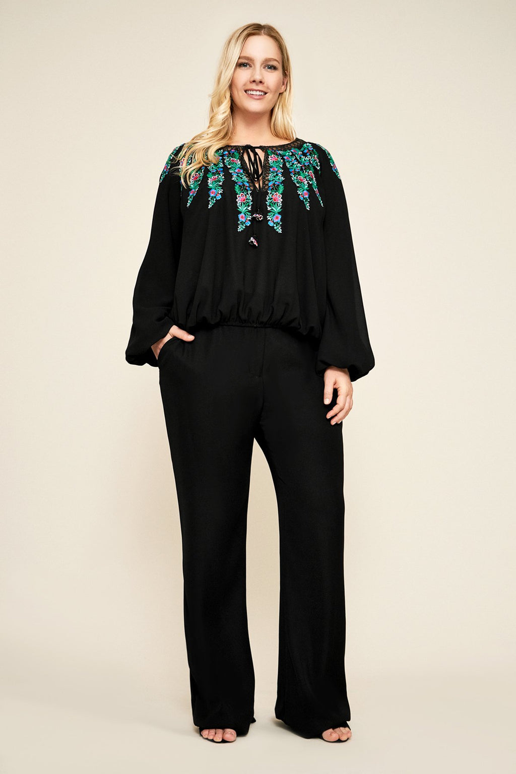 Tadashi Shoji - Alina Embroidered Crepe Blouse - PLUS SIZE