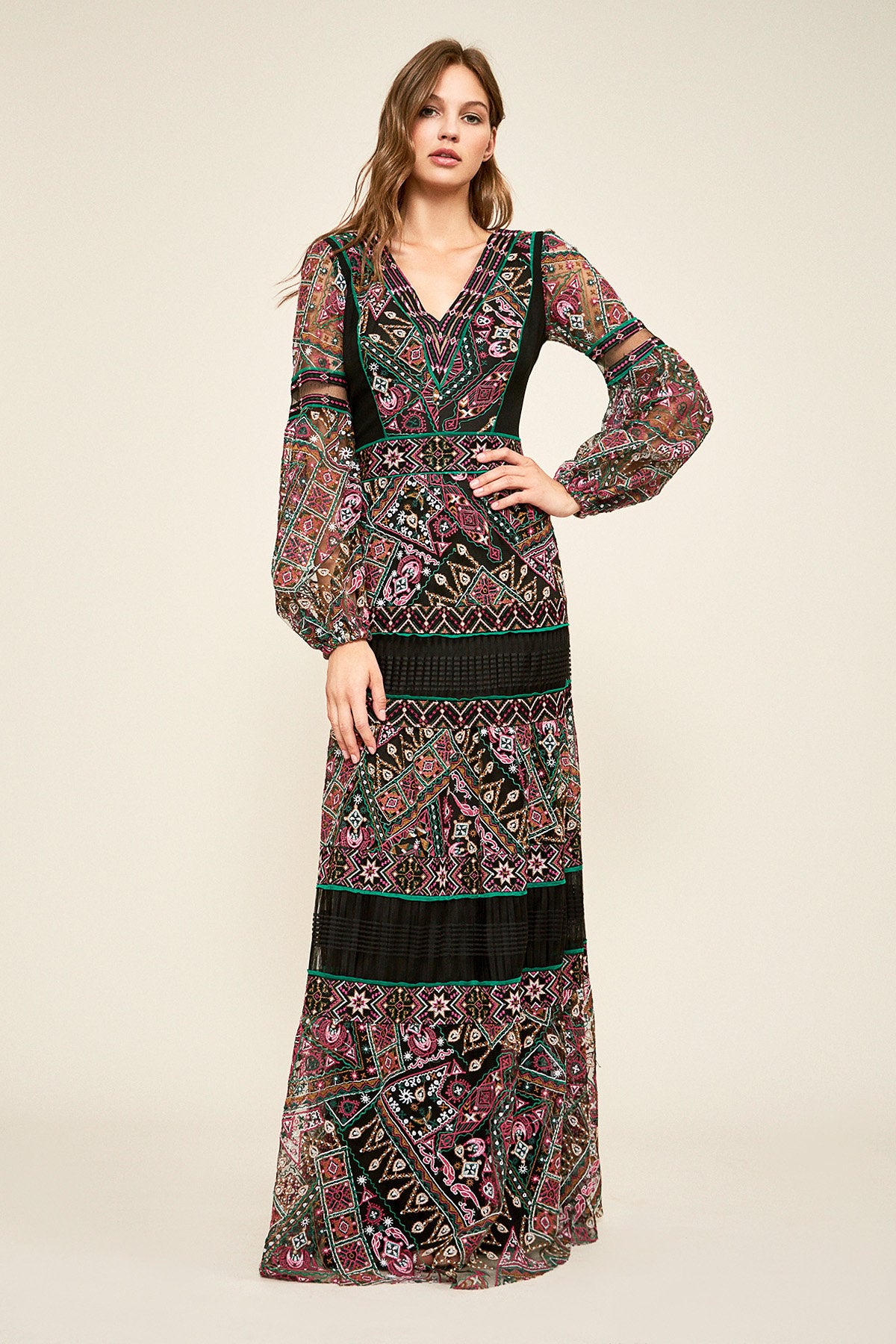 Allegra Long-Sleeve Embroidered Gown