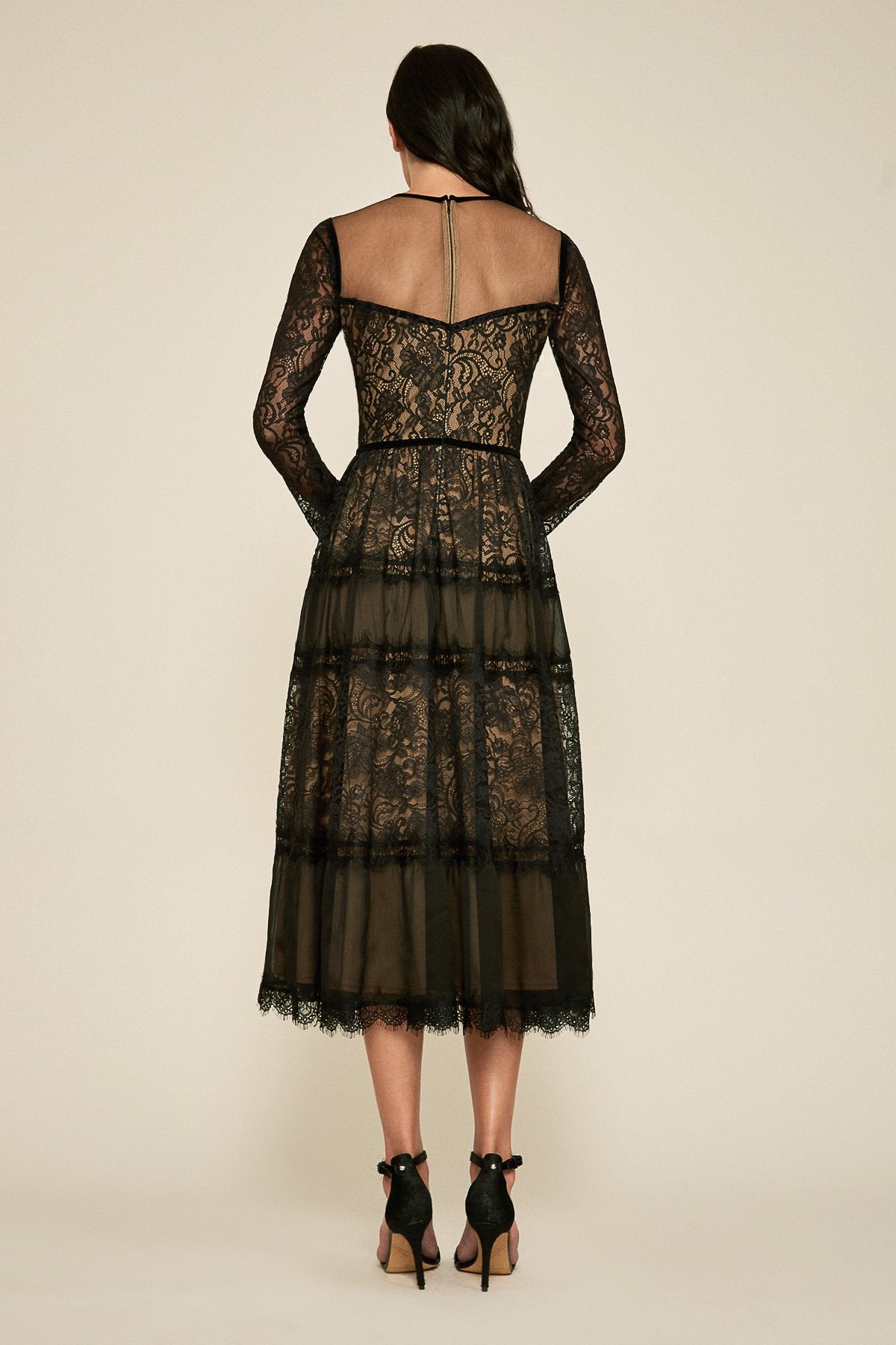 Tatiana Long-Sleeve Tea-Length Lace Dress