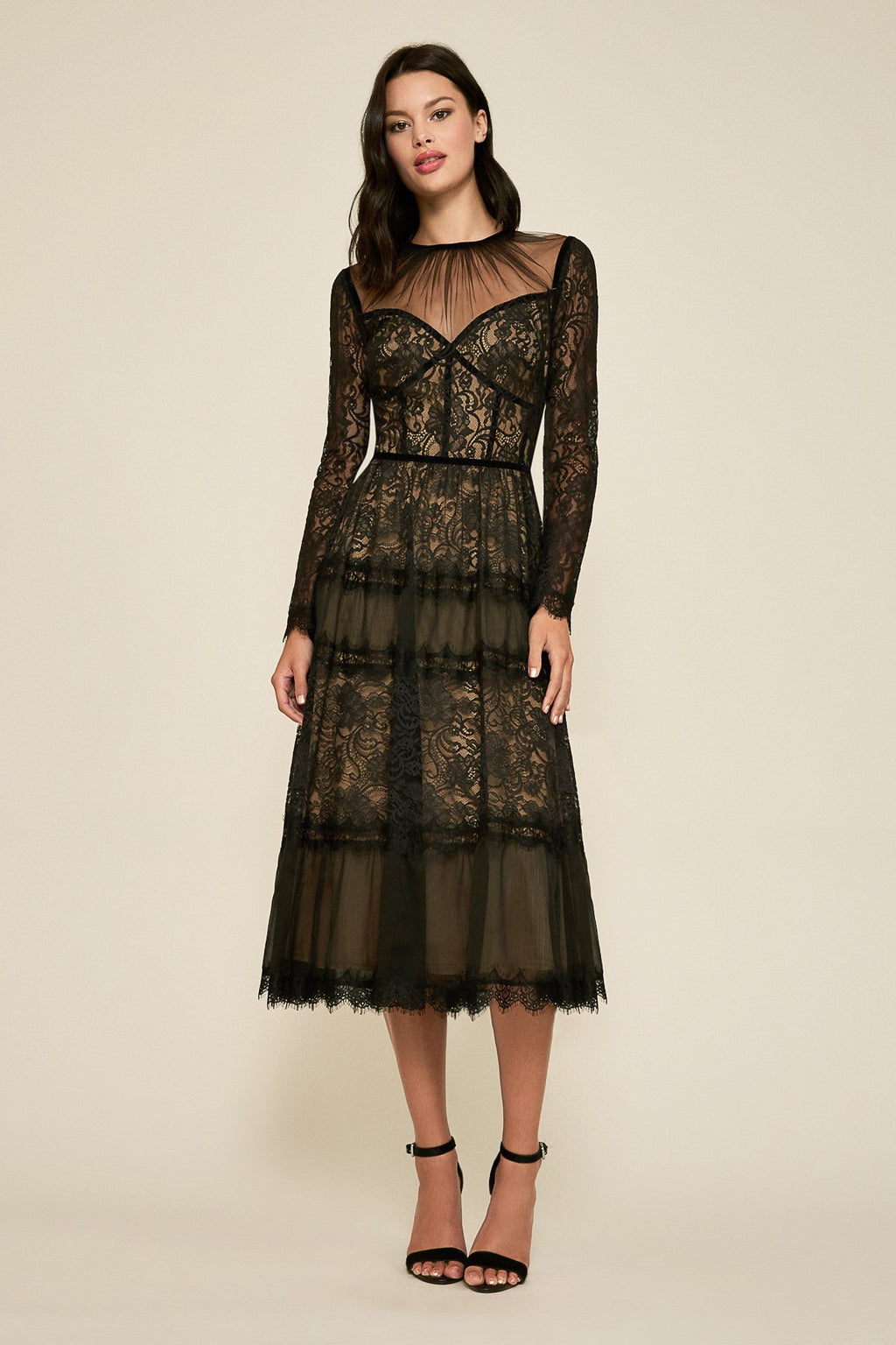 Tatiana Long-Sleeve Tea-Length Lace Dress