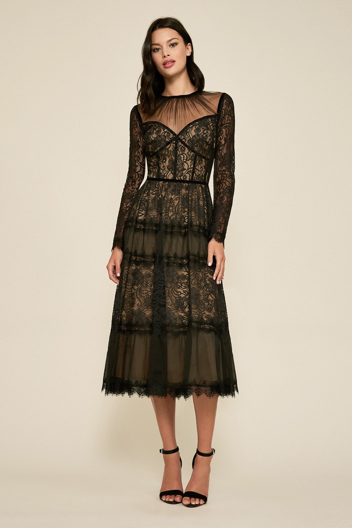 Tatiana Long-Sleeve Tea-Length Lace Dress