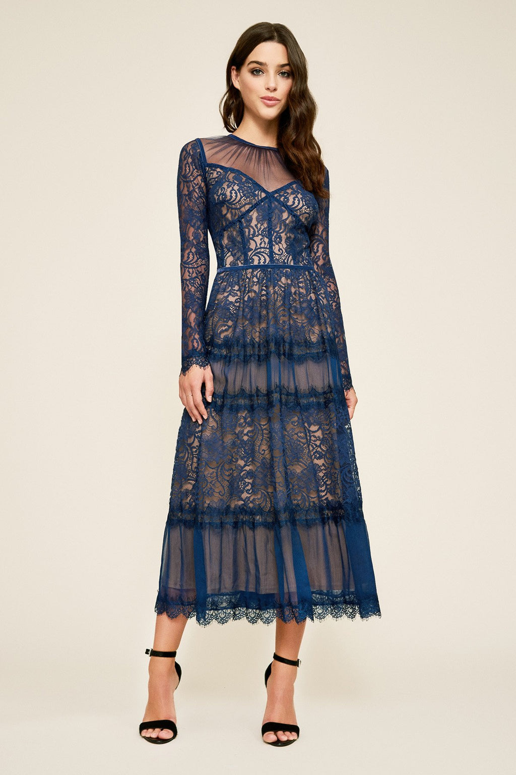 Tatiana Long-Sleeve Tea-Length Lace Dress