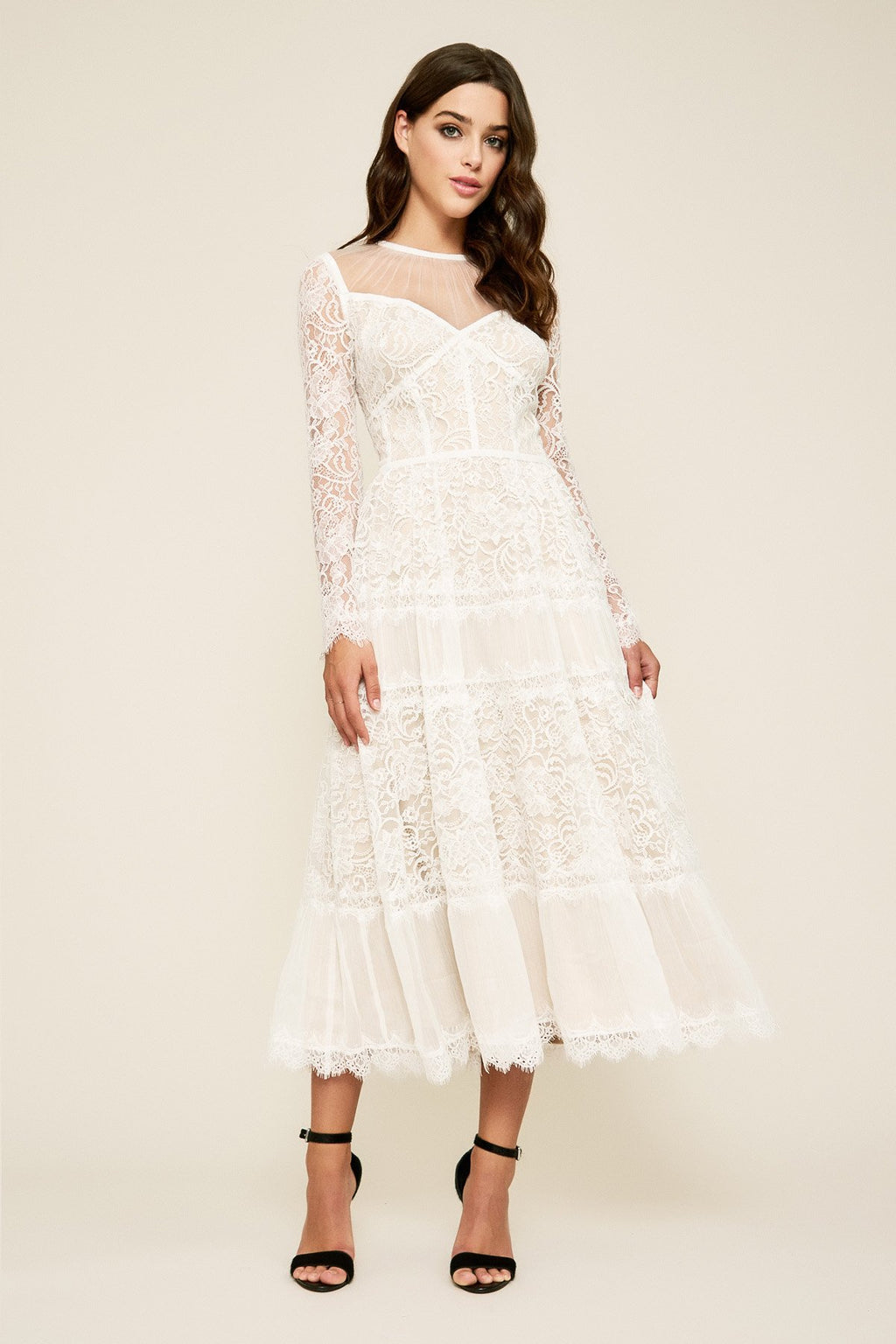 Tatiana Long-Sleeve Tea-Length Lace Dress