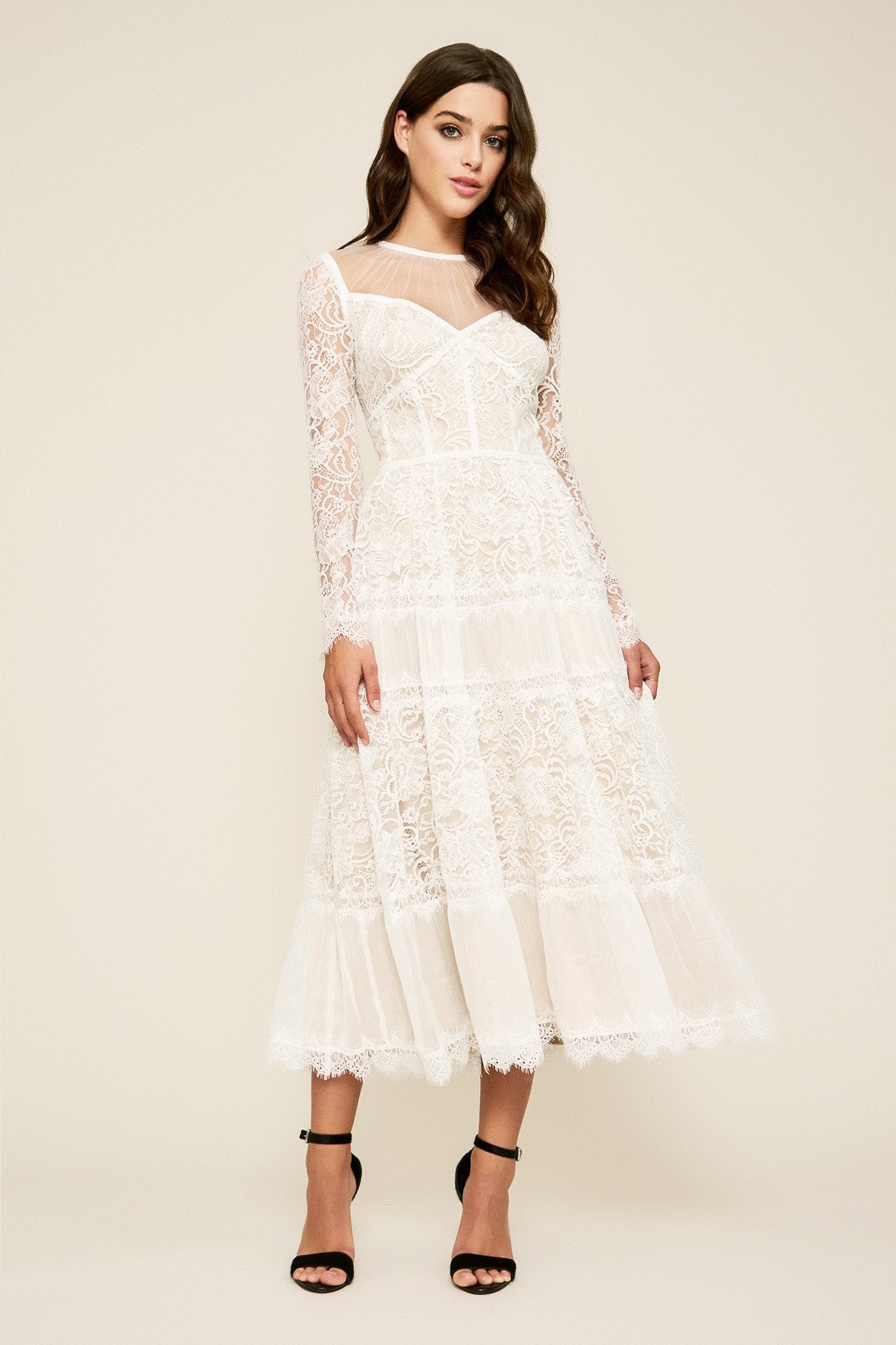 Tatiana Long-Sleeve Tea-Length Lace Dress