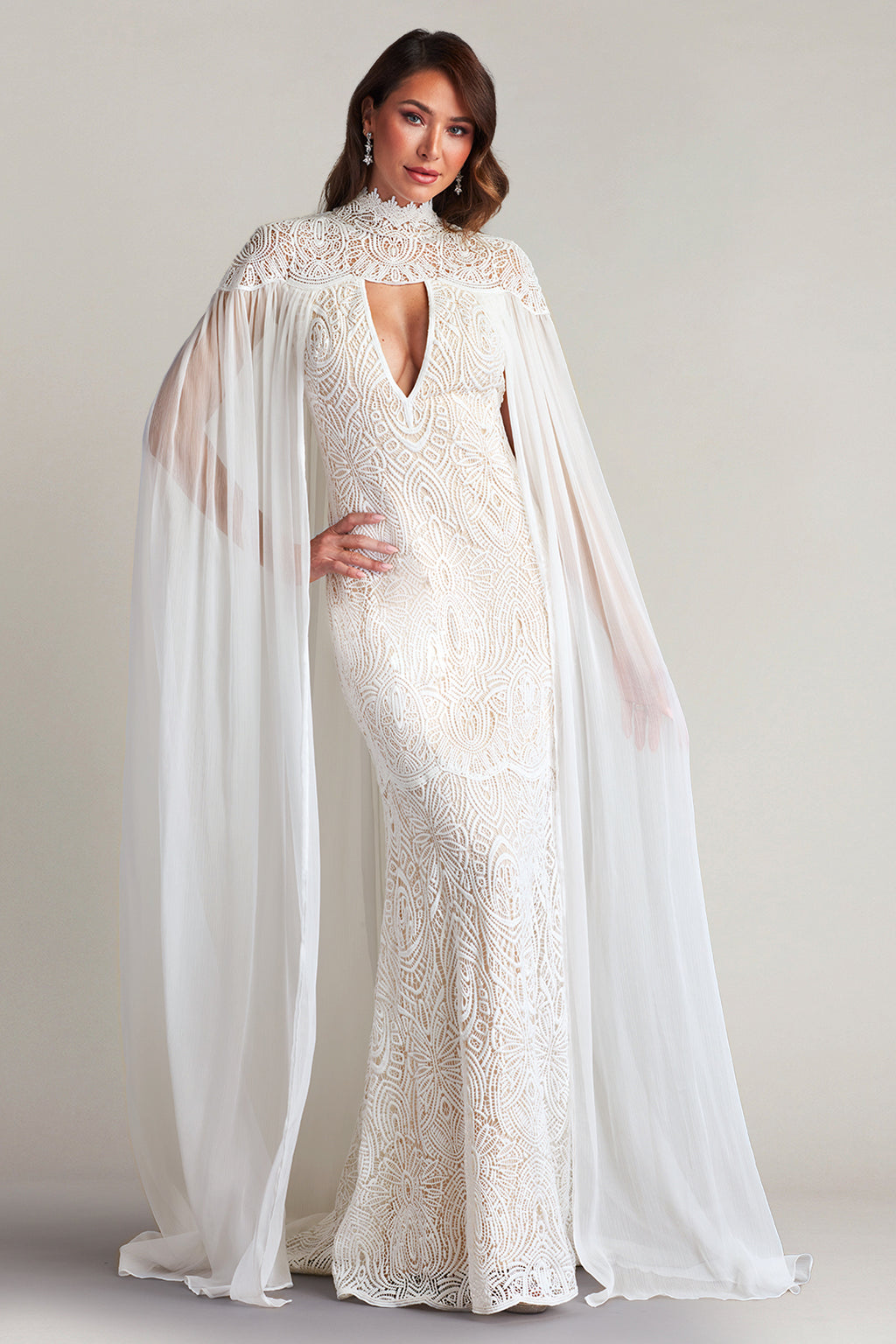 Caspian Chiffon Cape Lace Gown