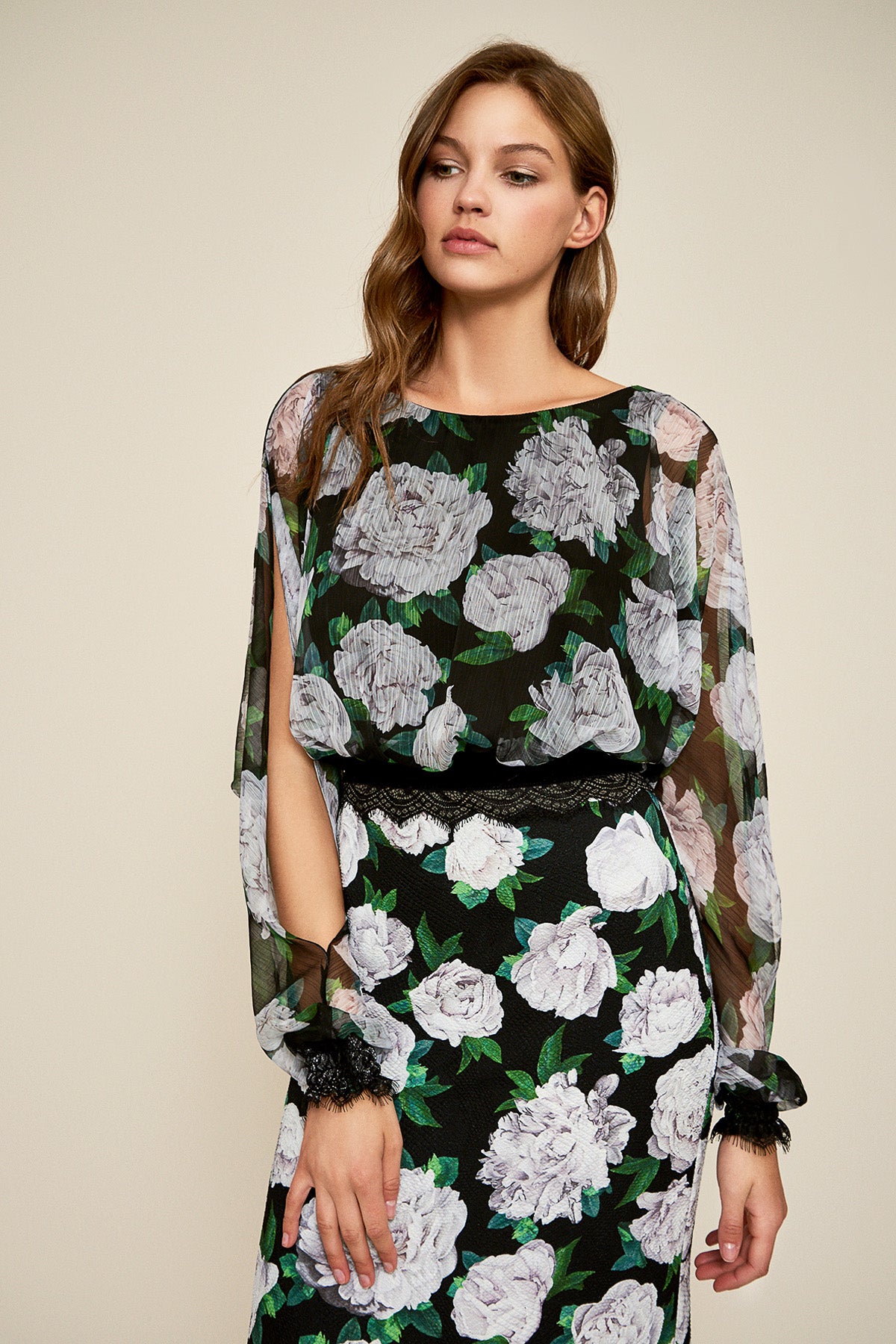 Tadashi Shoji - Natura Chiffon Open Sleeve Gown