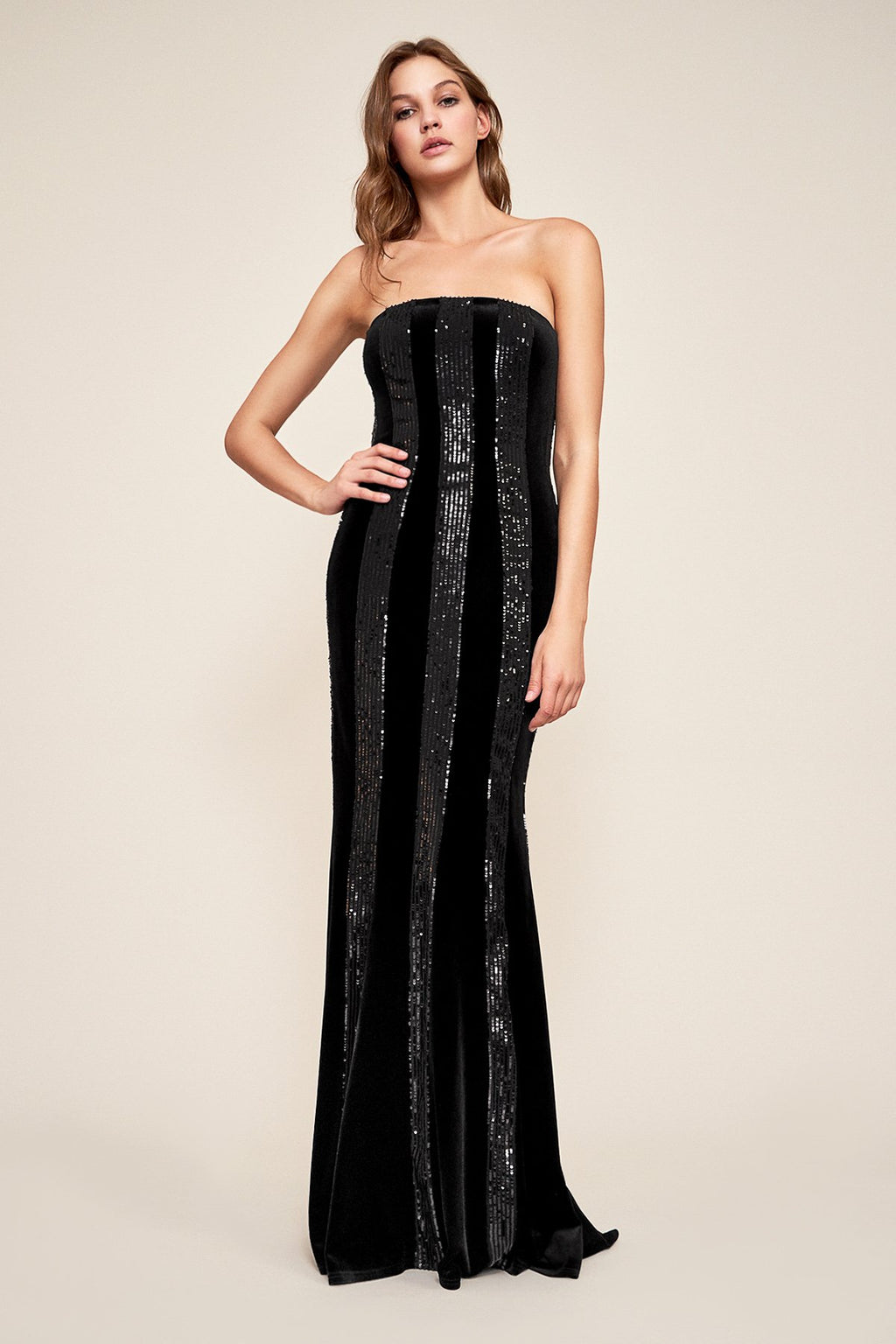 Tadashi Shoji - Clodia Paillette and Velvet Stripped Gown