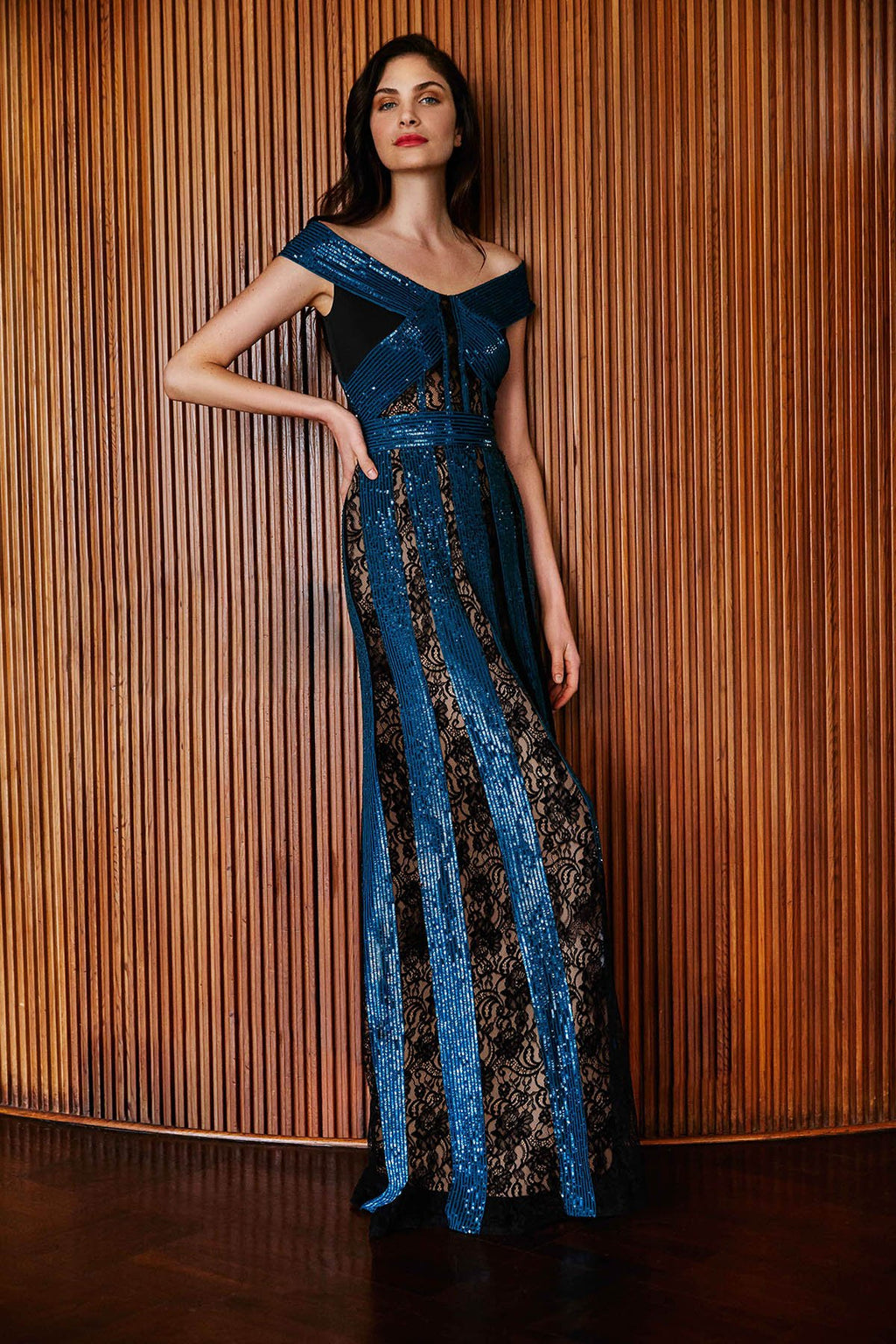 Tadashi Shoji - Rhea Lace & Sequin Stripe Gown