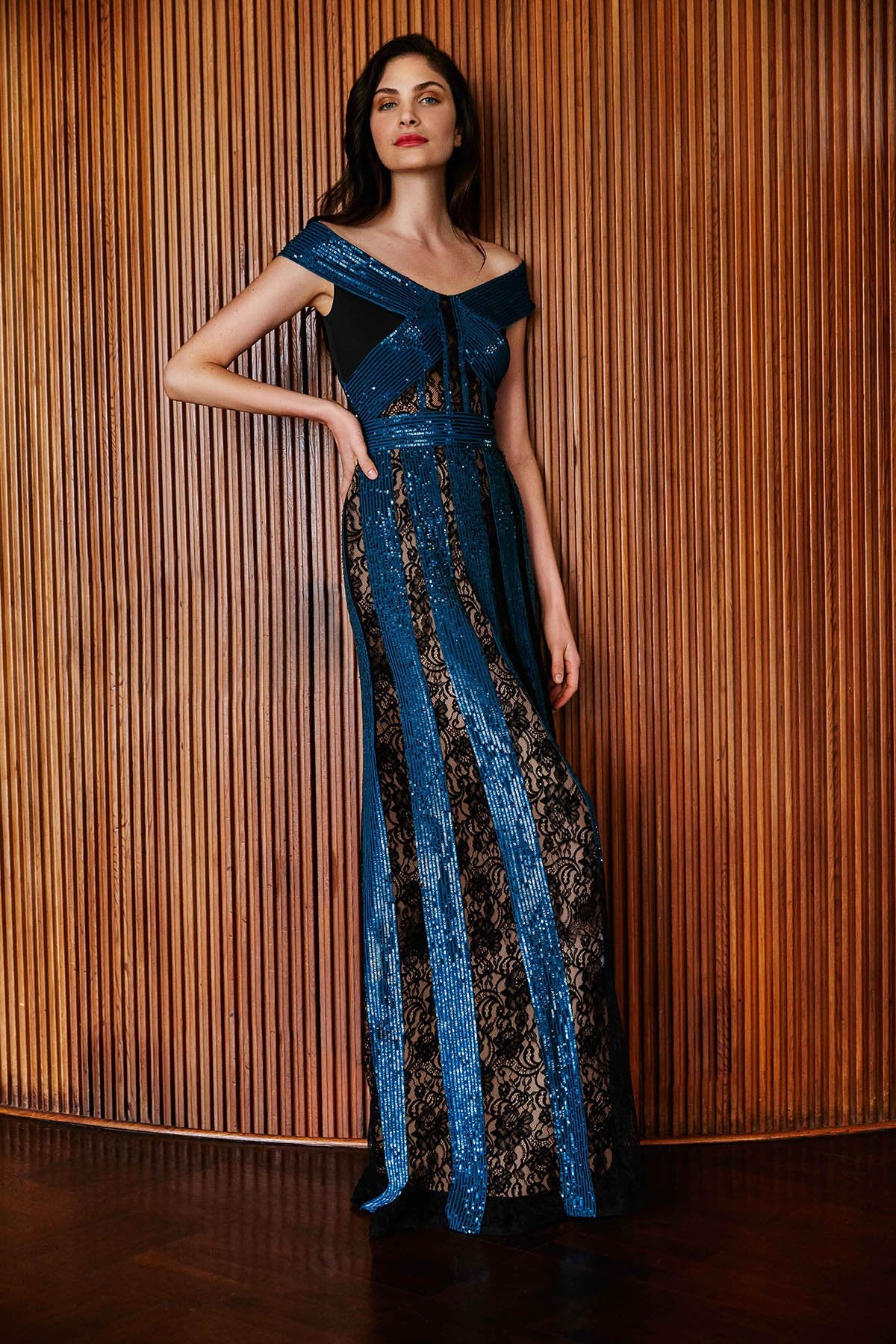 Tadashi Shoji - Rhea Lace & Sequin Stripe Gown