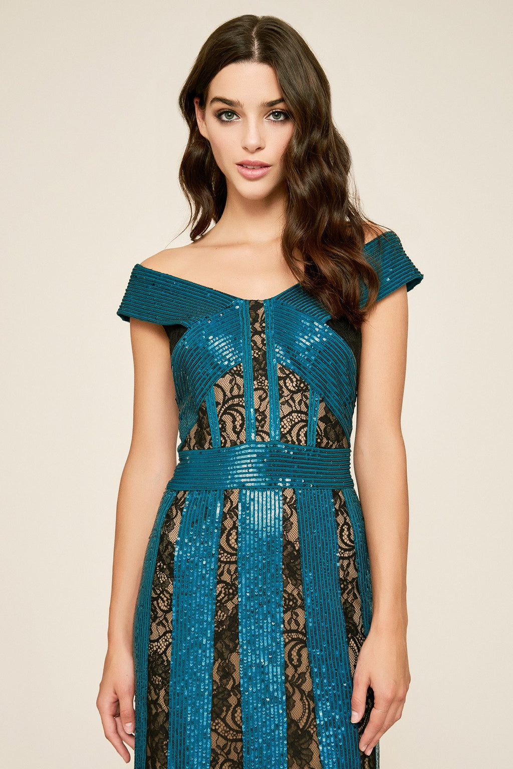 Tadashi Shoji - Rhea Lace & Sequin Stripe Gown