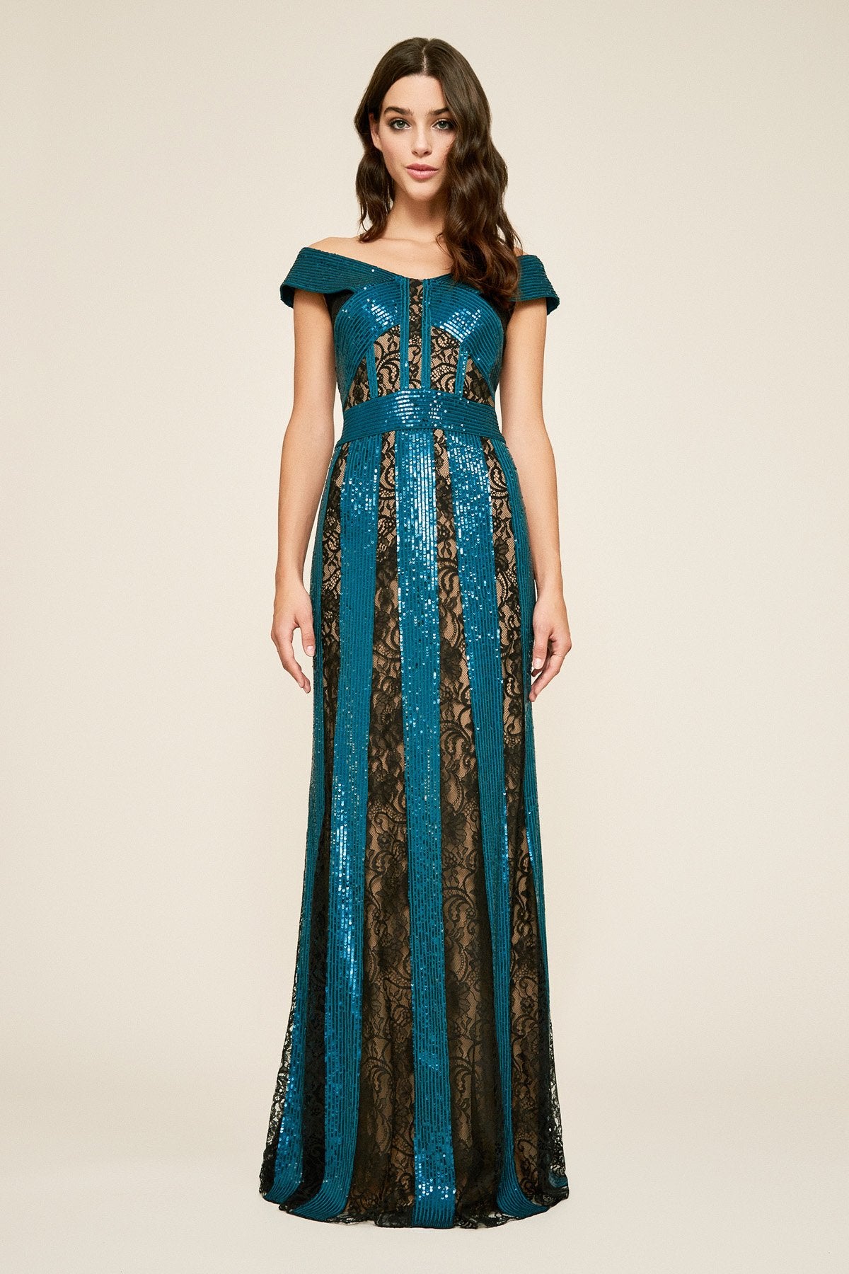 Tadashi Shoji - Rhea Lace & Sequin Stripe Gown