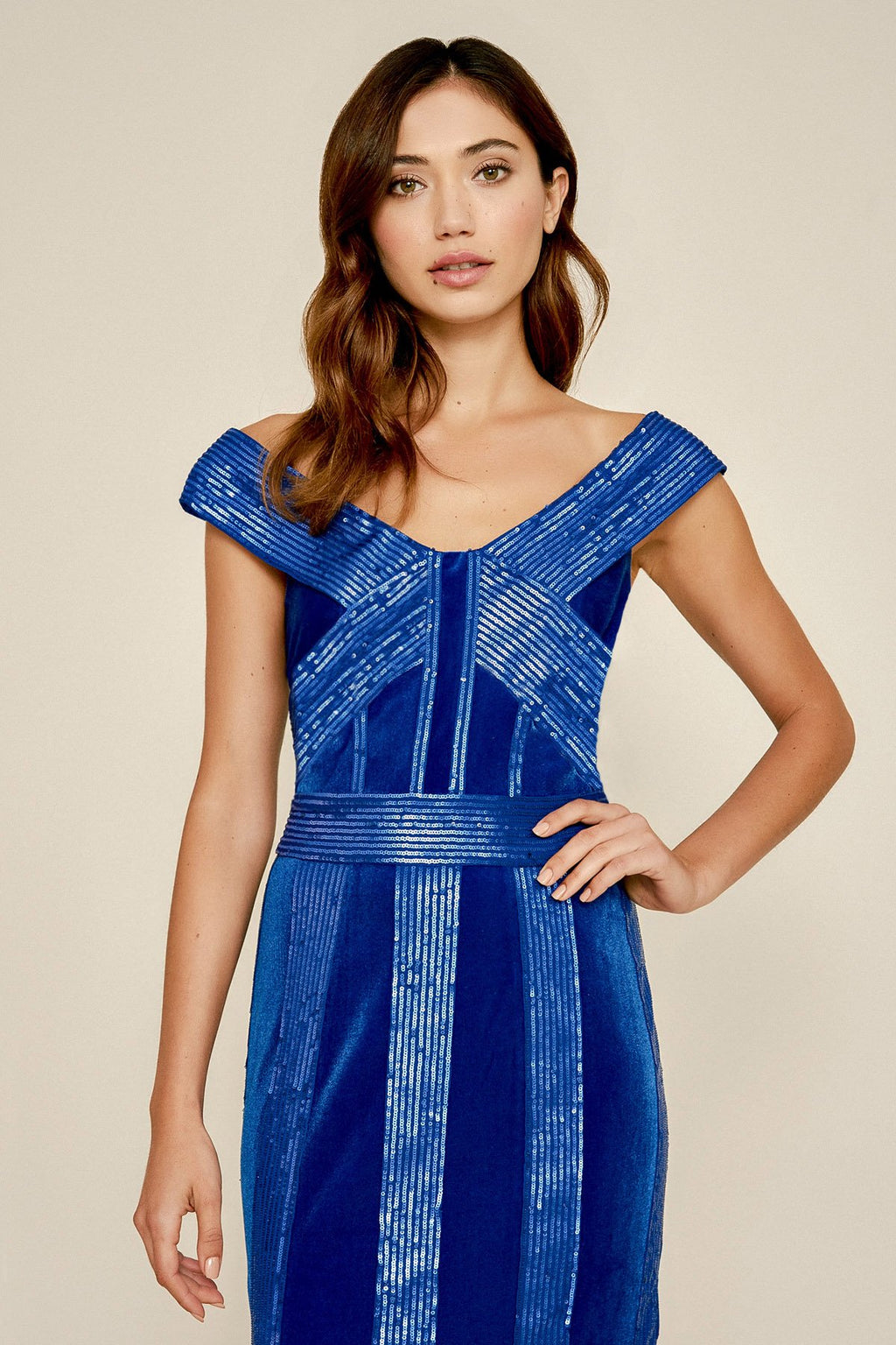Tadashi Shoji - Rhea Velvet & Sequin Stripe Gown