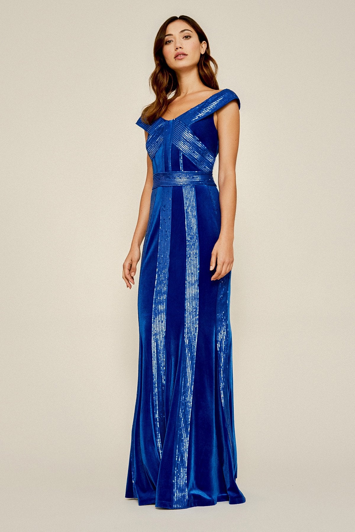 Tadashi Shoji - Rhea Velvet & Sequin Stripe Gown