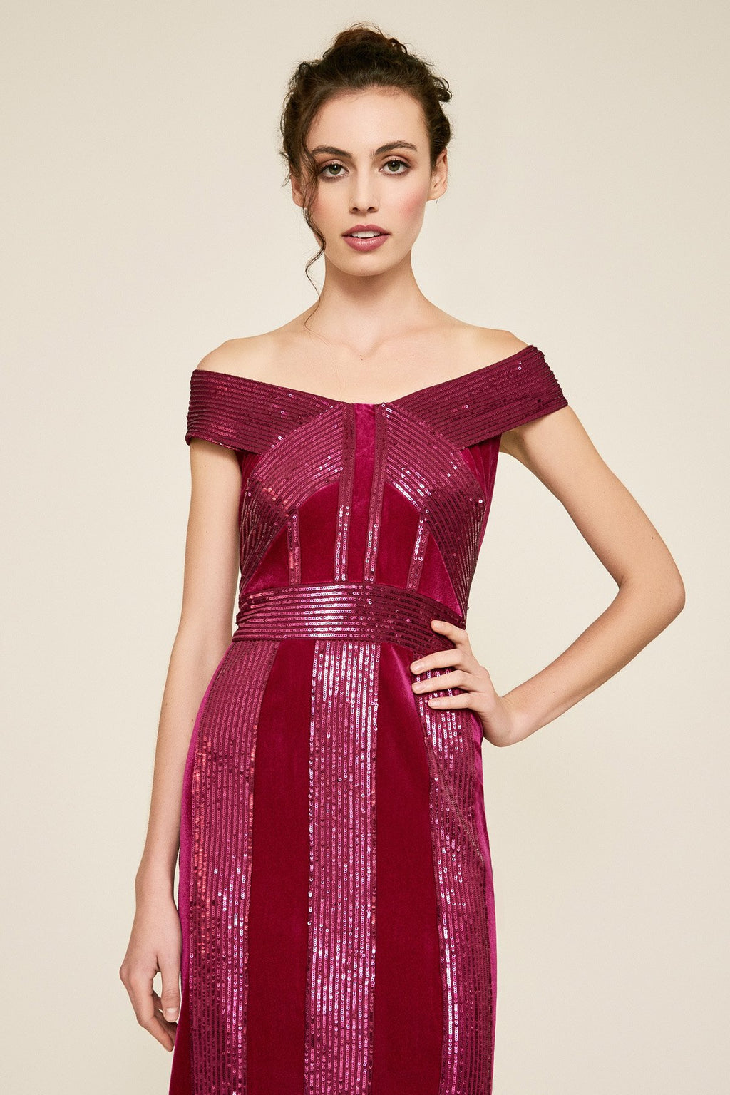 Tadashi Shoji - Rhea Velvet & Sequin Stripe Dress - PETITE
