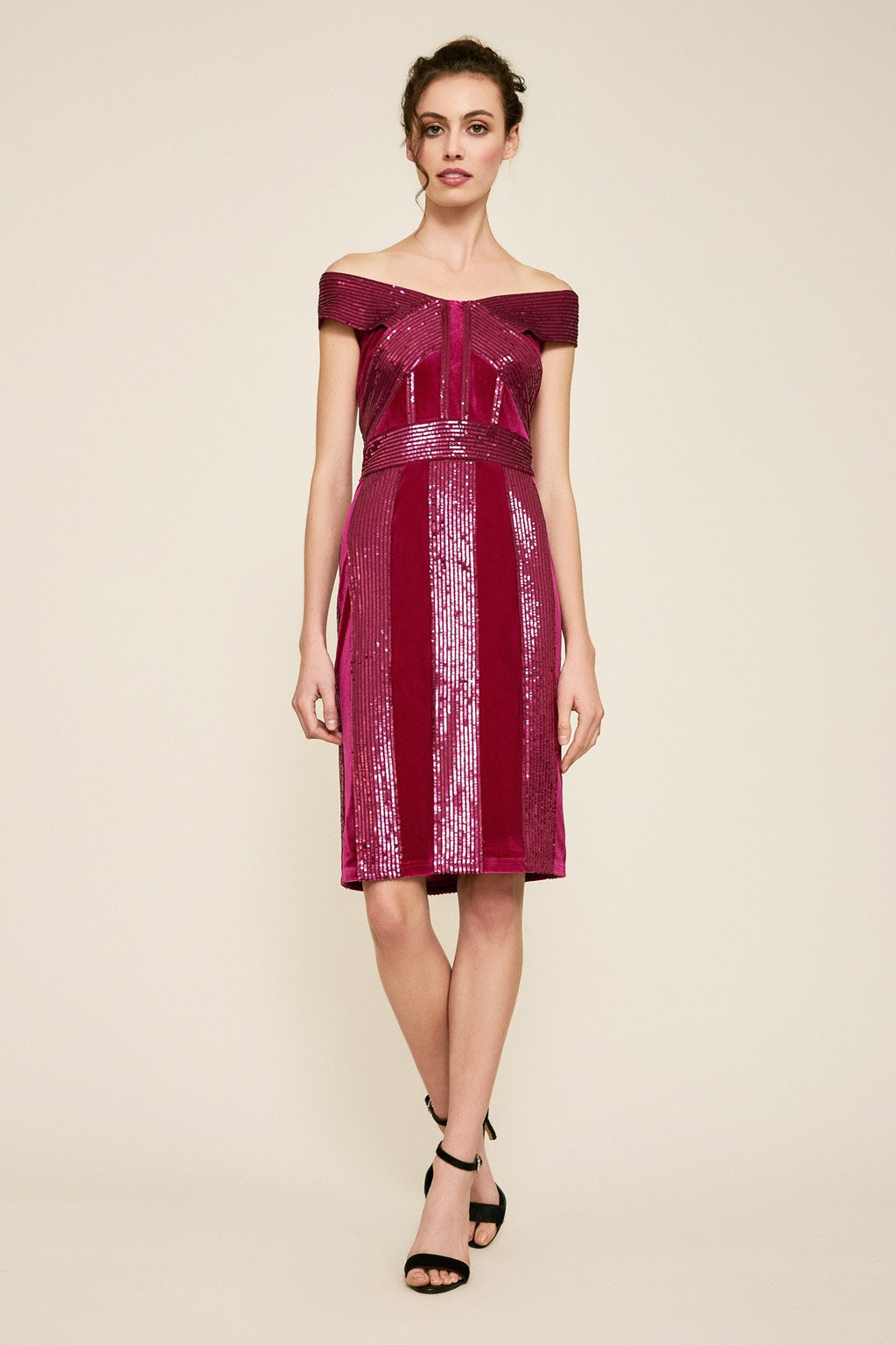 Tadashi Shoji - Rhea Velvet & Sequin Stripe Dress - PETITE