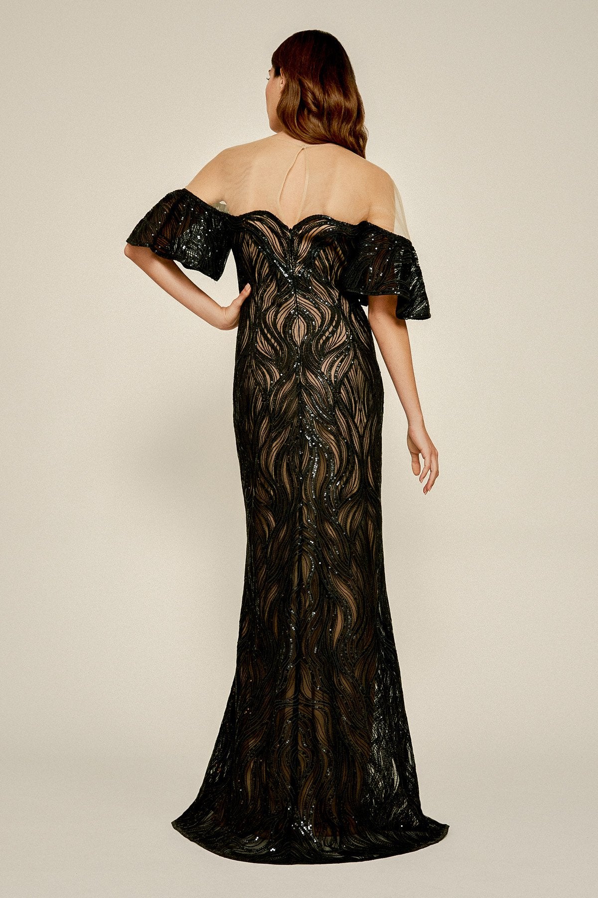 Tadashi Shoji - Nerilla Sequin Off-The-Shoulder Illusion Gown