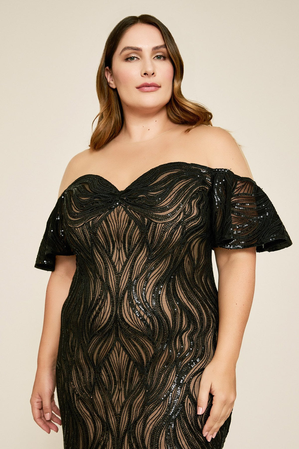 Nerilla Sequin Off-The-Shoulder Illusion Gown - PLUS SIZE