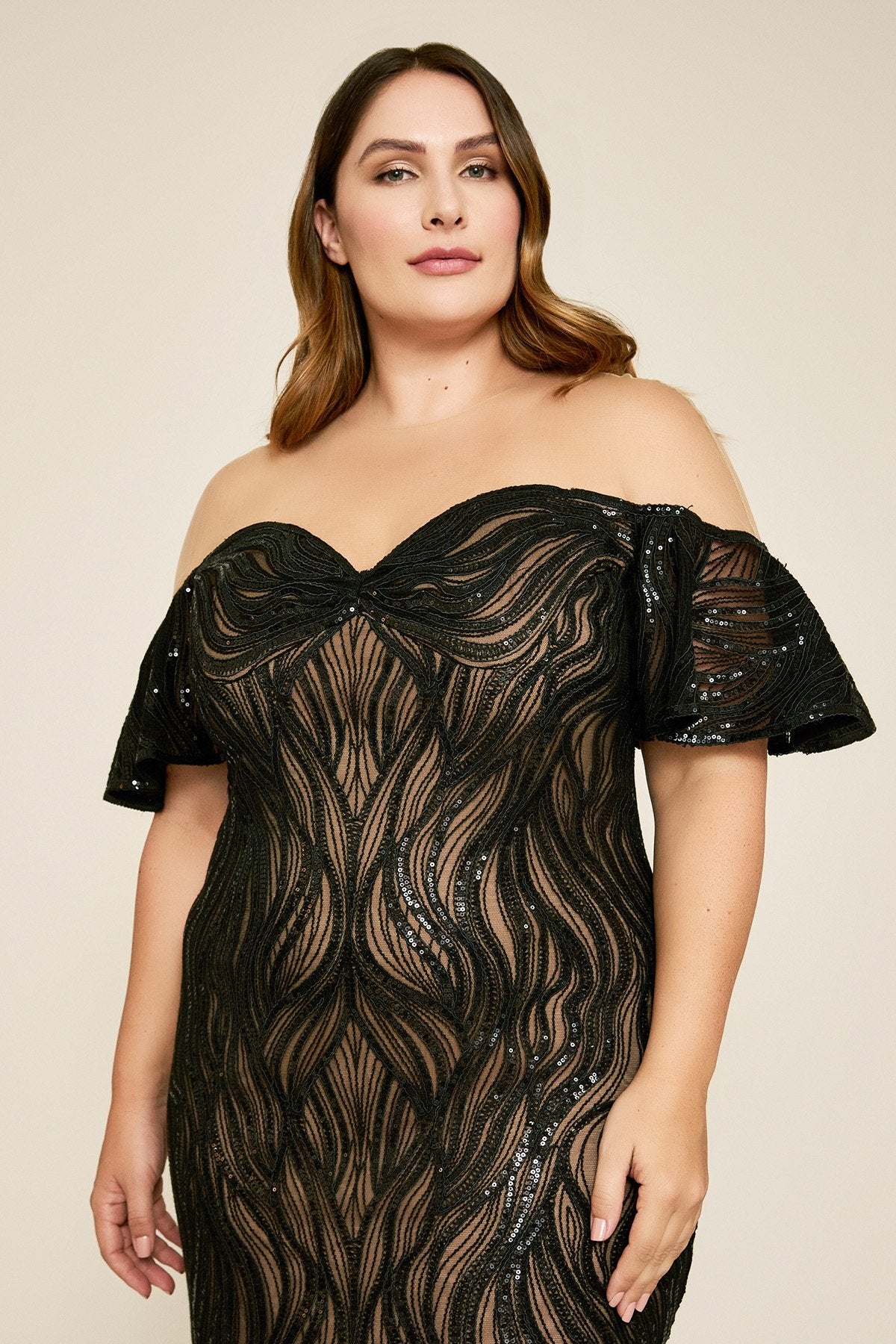 Nerilla Sequin Off-The-Shoulder Illusion Gown - PLUS SIZE