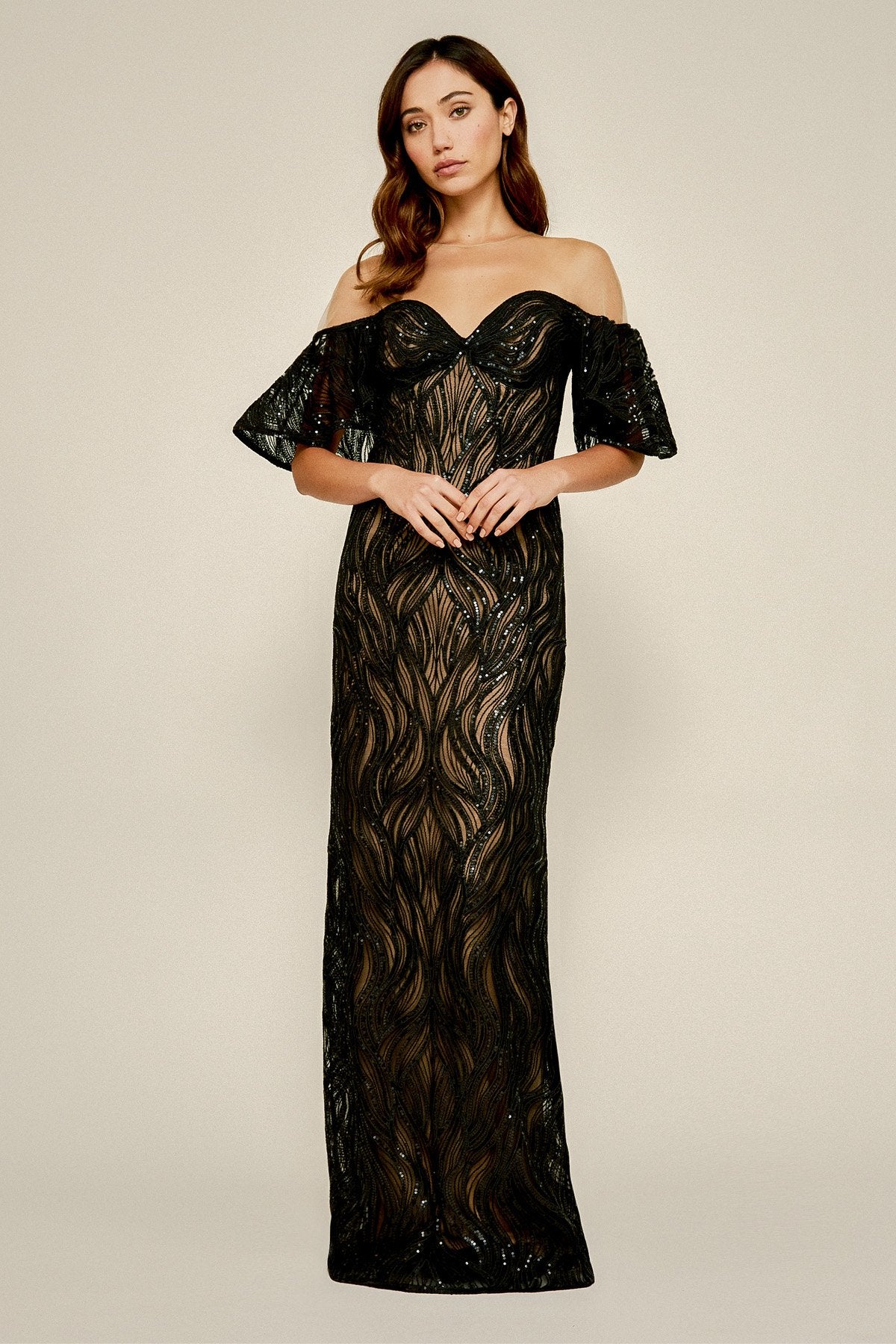 Tadashi Shoji - Nerilla Sequin Off-The-Shoulder Illusion Gown