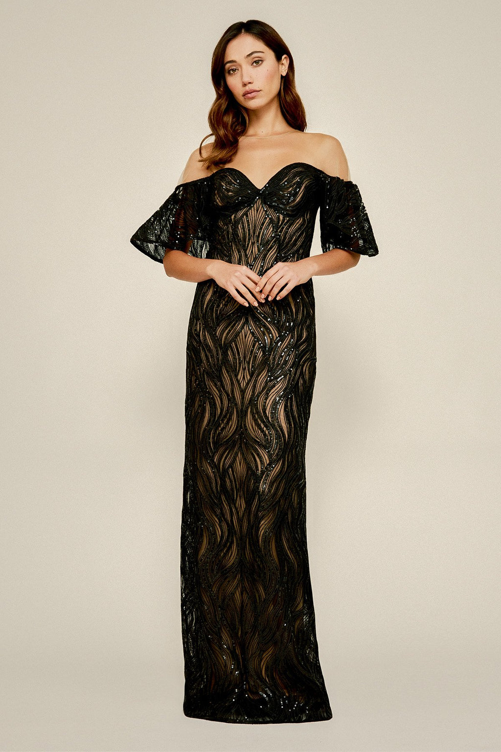 Tadashi Shoji - Nerilla Sequin Off-The-Shoulder Illusion Gown - PETITE