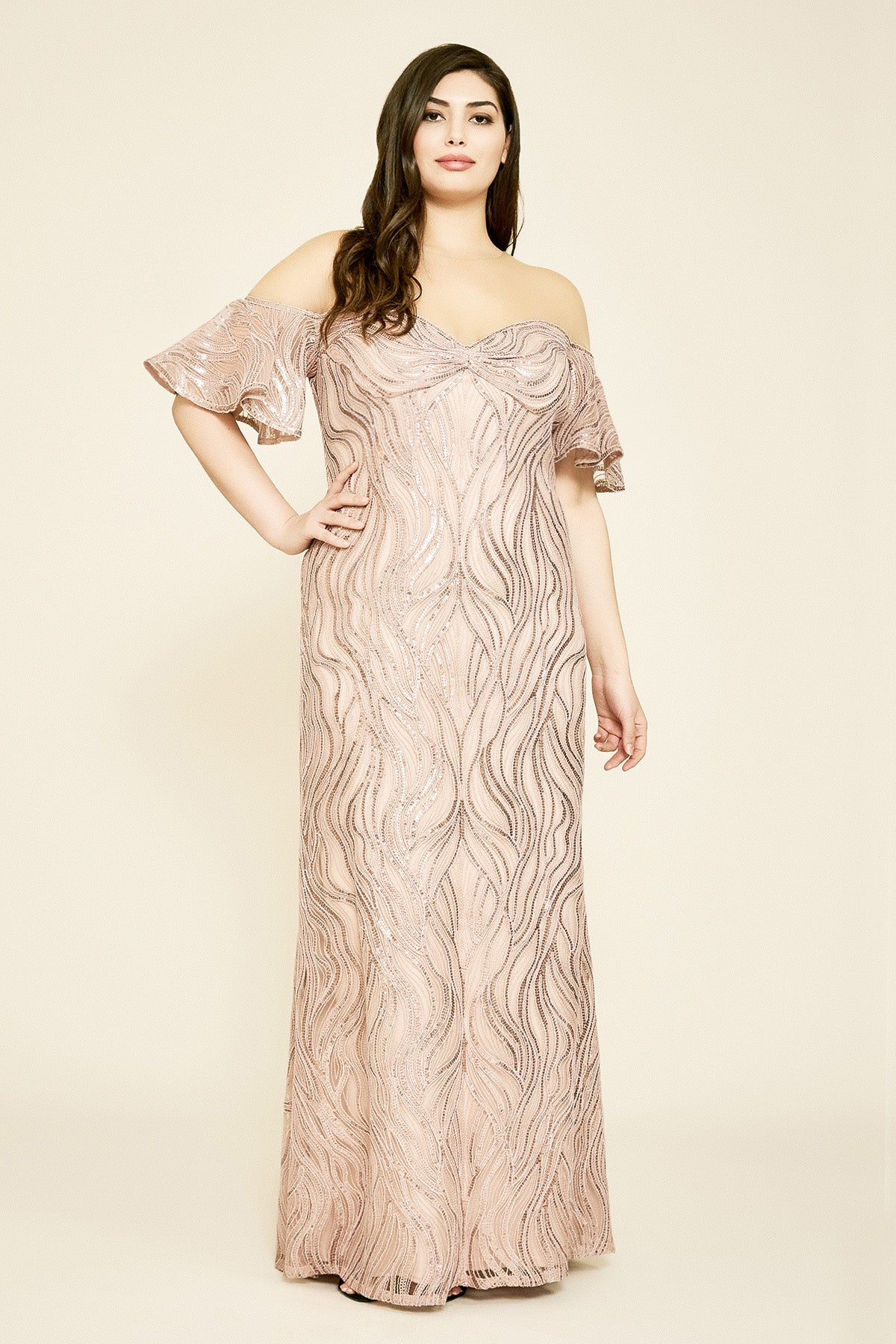 Tadashi Shoji - Nerilla Sequin Off-The-Shoulder Illusion Gown - PLUS SIZE