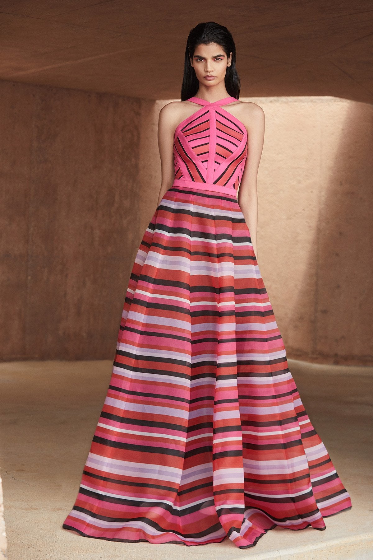 Tadashi Shoji - Sanya Striped Halter Organza Gown