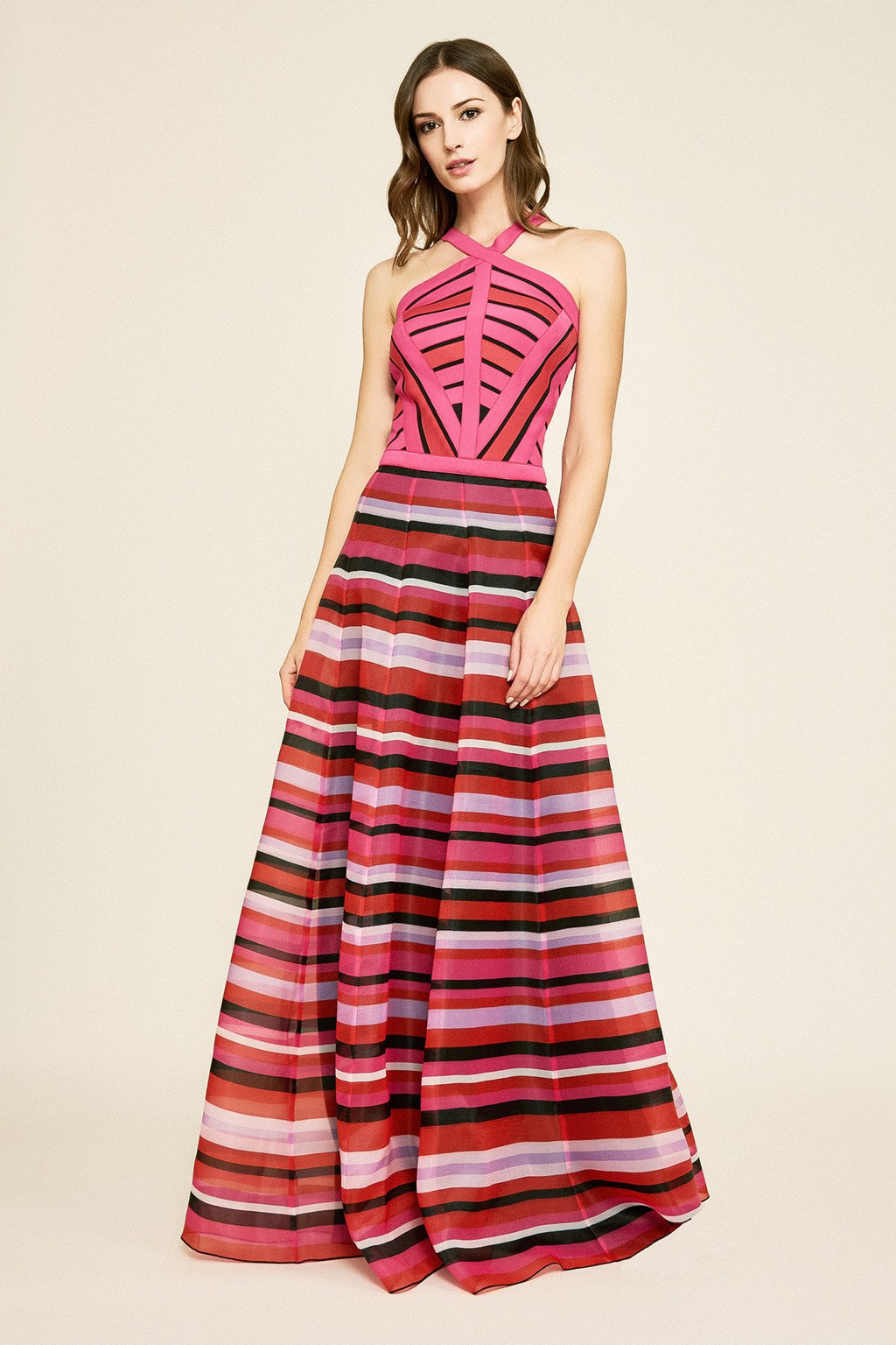 Tadashi Shoji - Sanya Striped Halter Organza Gown